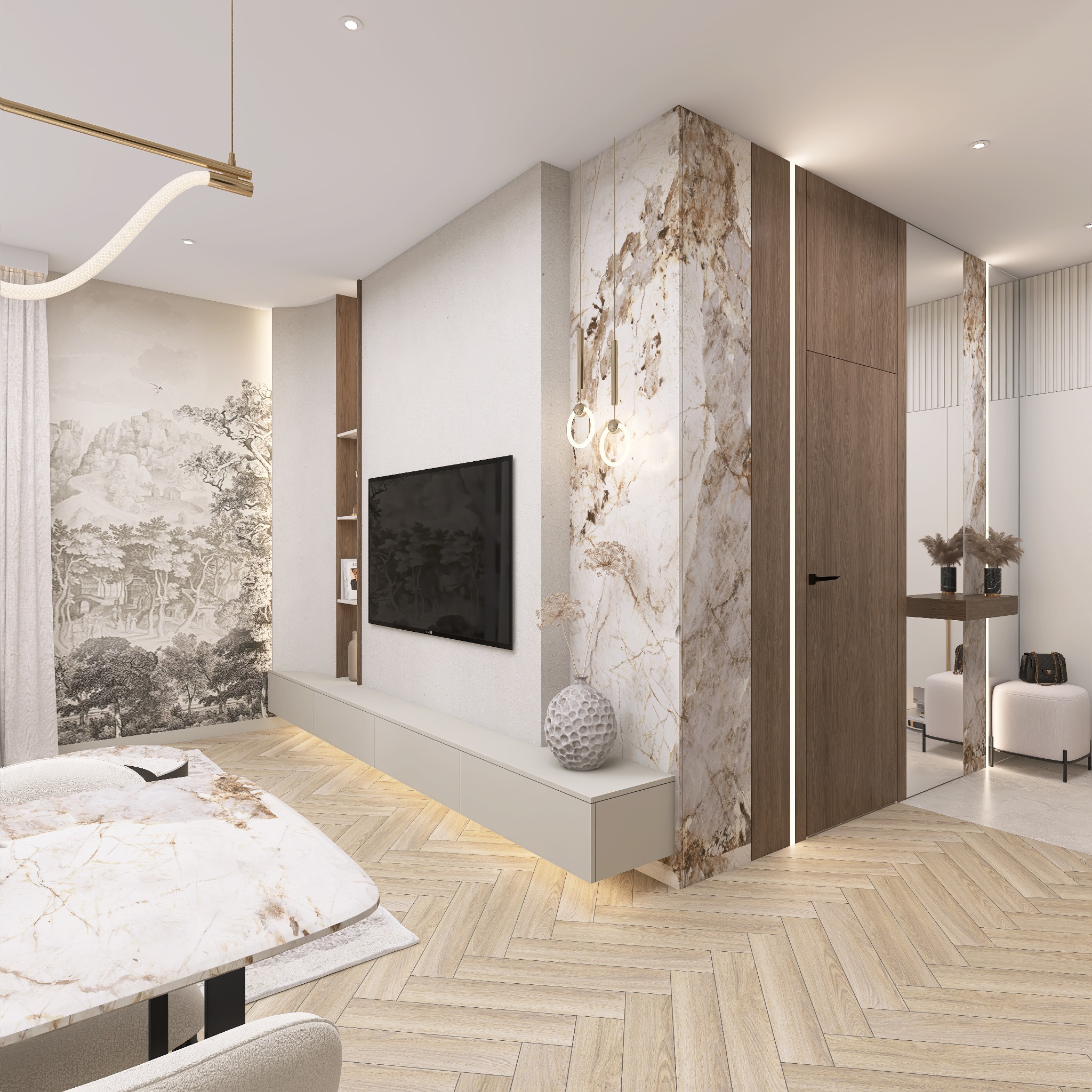 Eleganckie wnętrze: marmurowa ściana, parkiet w jodełkę, designerski stół i telewizor. Subtelne oświetlenie LED podkreśla nowoczesny charakter aranżacji.
