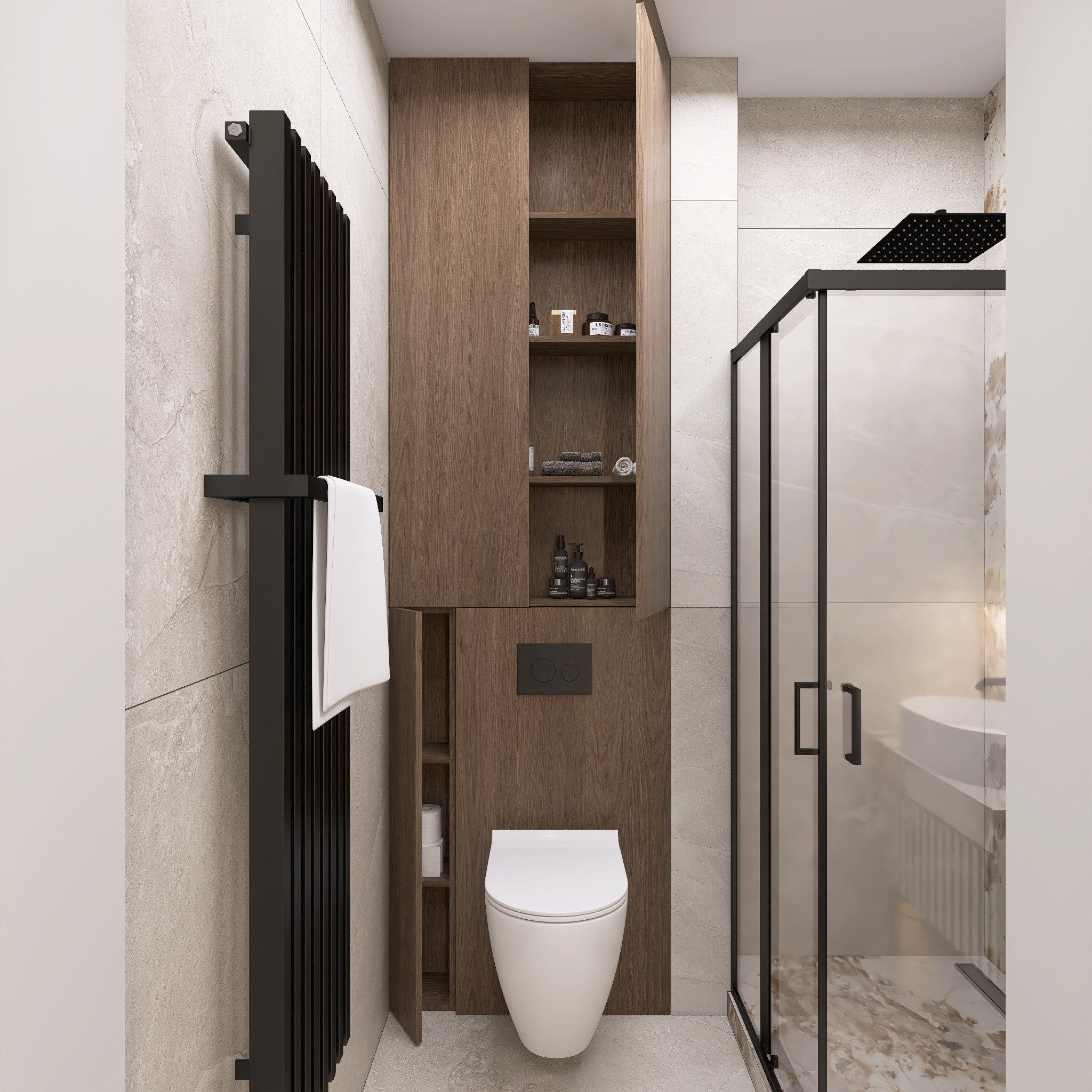 Nowoczesna łazienka z kabiną prysznicową typu walk-in, grzejnikiem drabinkowym i zabudową WC z drewnianymi szafkami. Minimalistyczny design, jasne płytki.