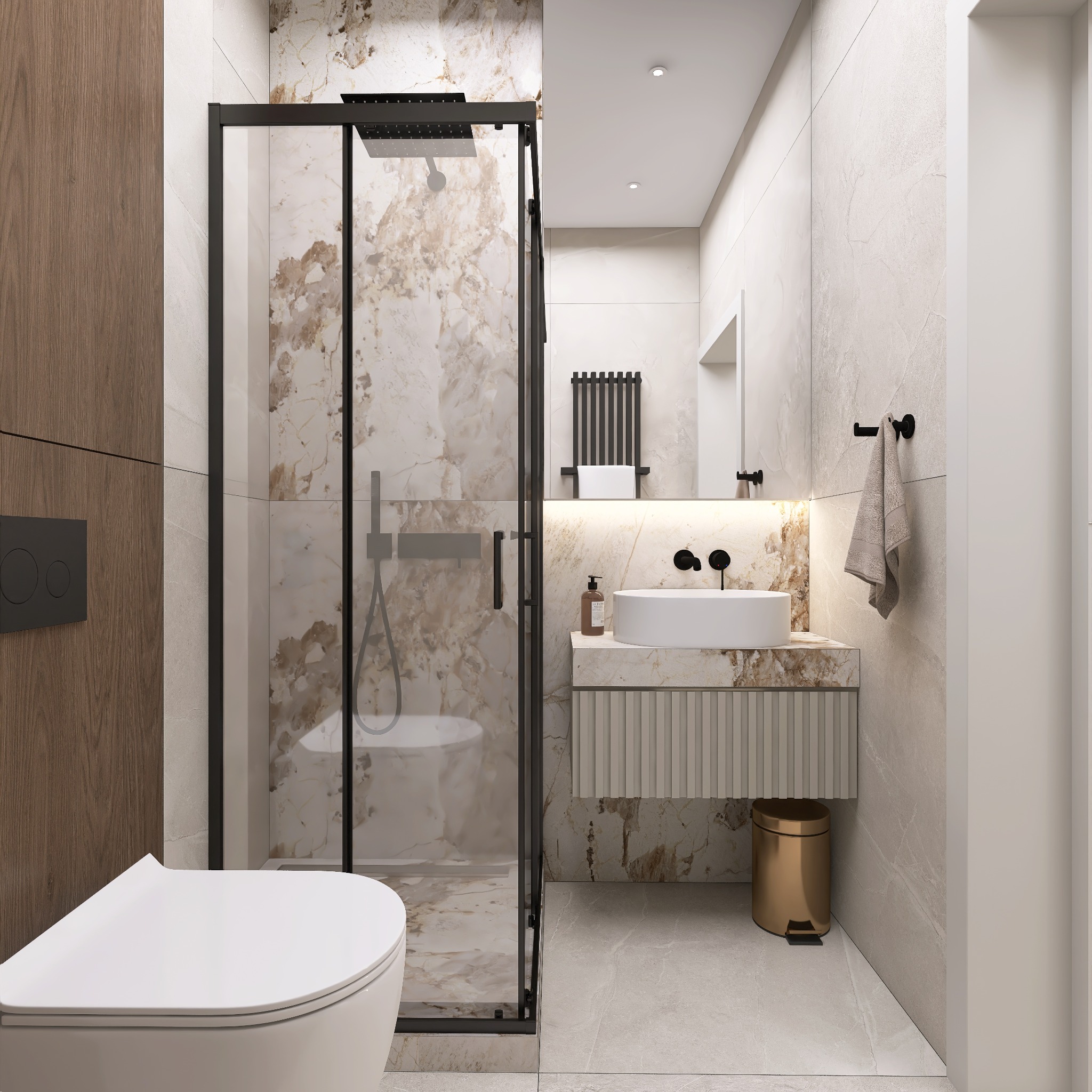 Elegancka łazienka z kabiną prysznicową typu walk-in, umywalką nablatową i złotymi akcentami. Marmurowe płytki i minimalistyczny design tworzą luksusową przestrzeń.