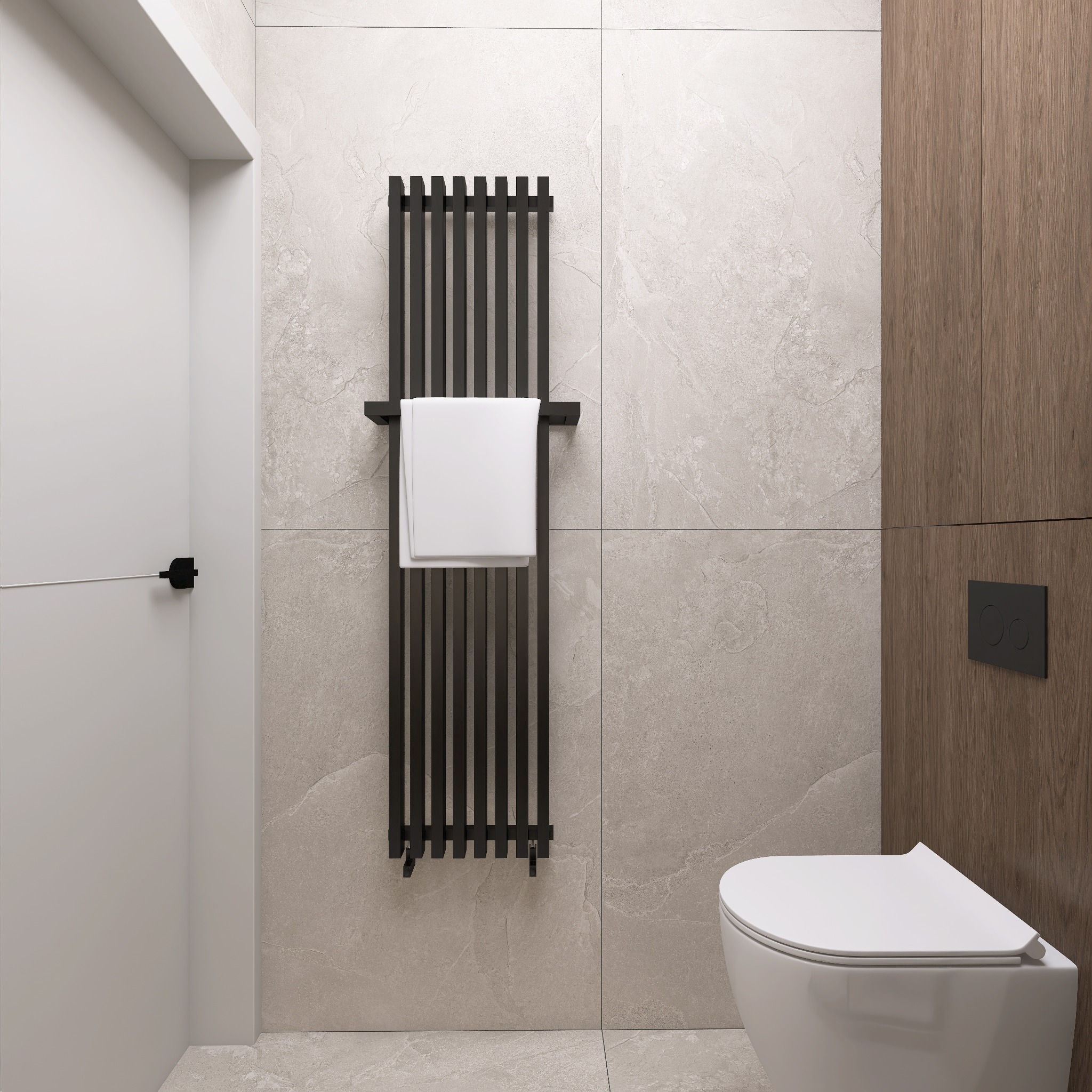 Nowoczesna łazienka z beżowymi płytkami imitującymi kamień, wiszącą toaletą i czarnym grzejnikiem drabinkowym z białym ręcznikiem. Minimalistyczny design.