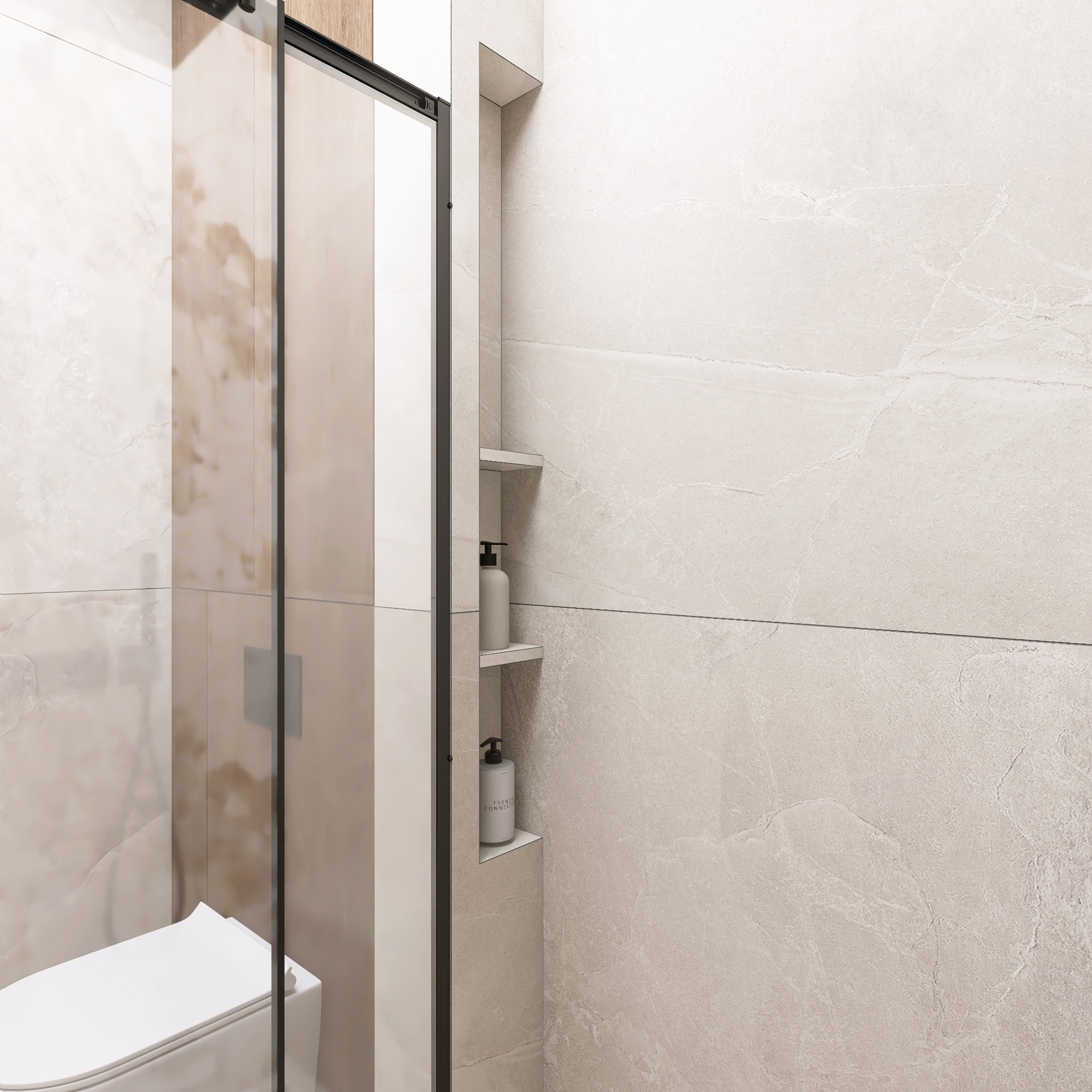 Beżowa łazienka z kabiną prysznicową typu walk-in, wbudowanymi półkami z kosmetykami i toaletą. Minimalistyczny design, płytki imitujące kamień.