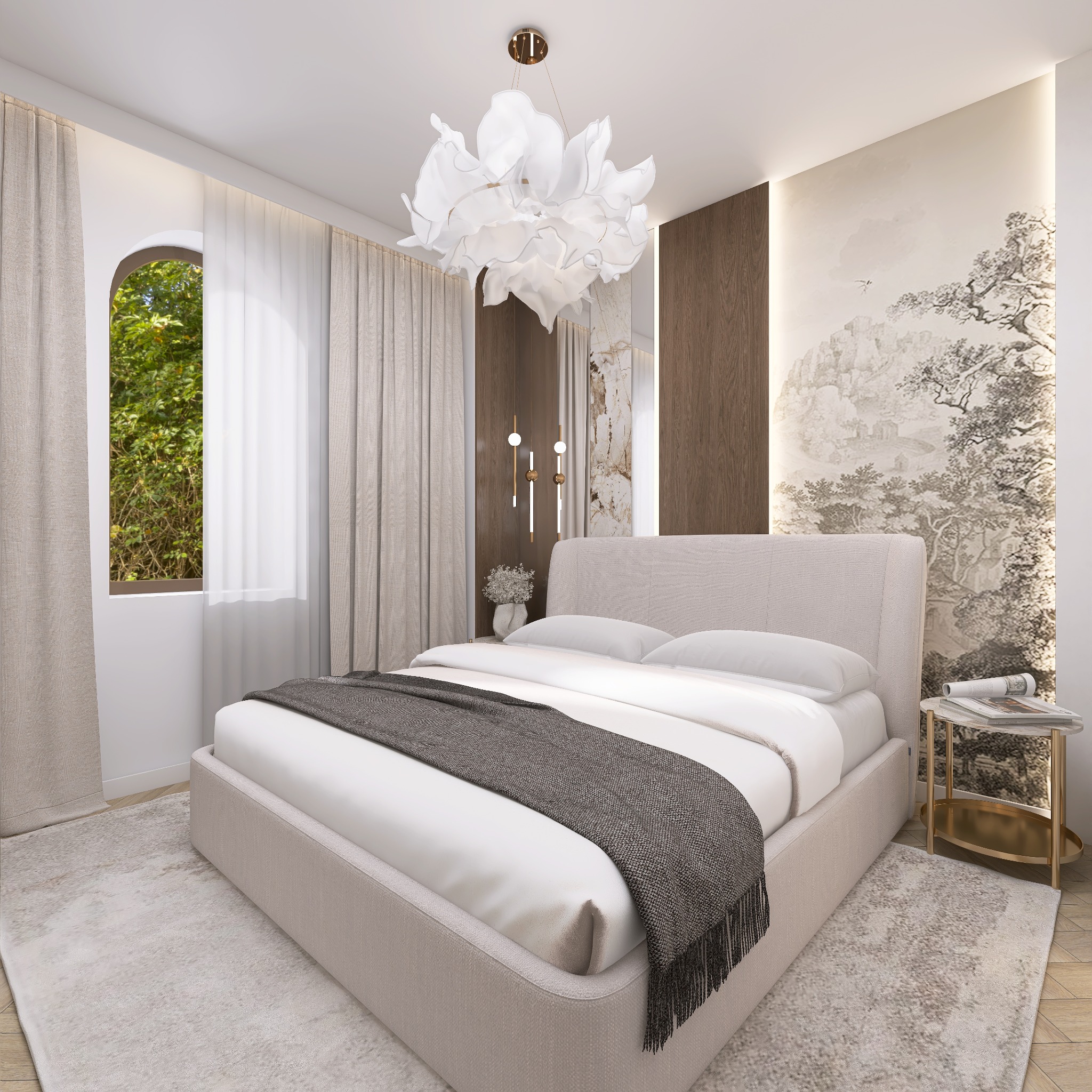 Jasna sypialnia z łóżkiem typu king-size, okrągłym oknem z widokiem na zieleń i dekoracyjną lampą sufitową w kształcie kwiatu. Na ścianie tapeta z motywem górskim.