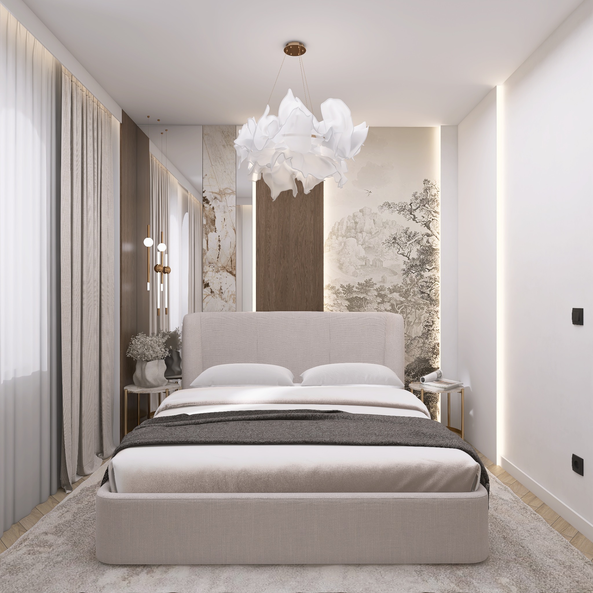 Jasna sypialnia z łóżkiem typu king-size, dekoracyjnym oświetleniem i tapetą w stylu orientalnym. Widoczne stoliki nocne i zasłony. Całość w neutralnej palecie barw.