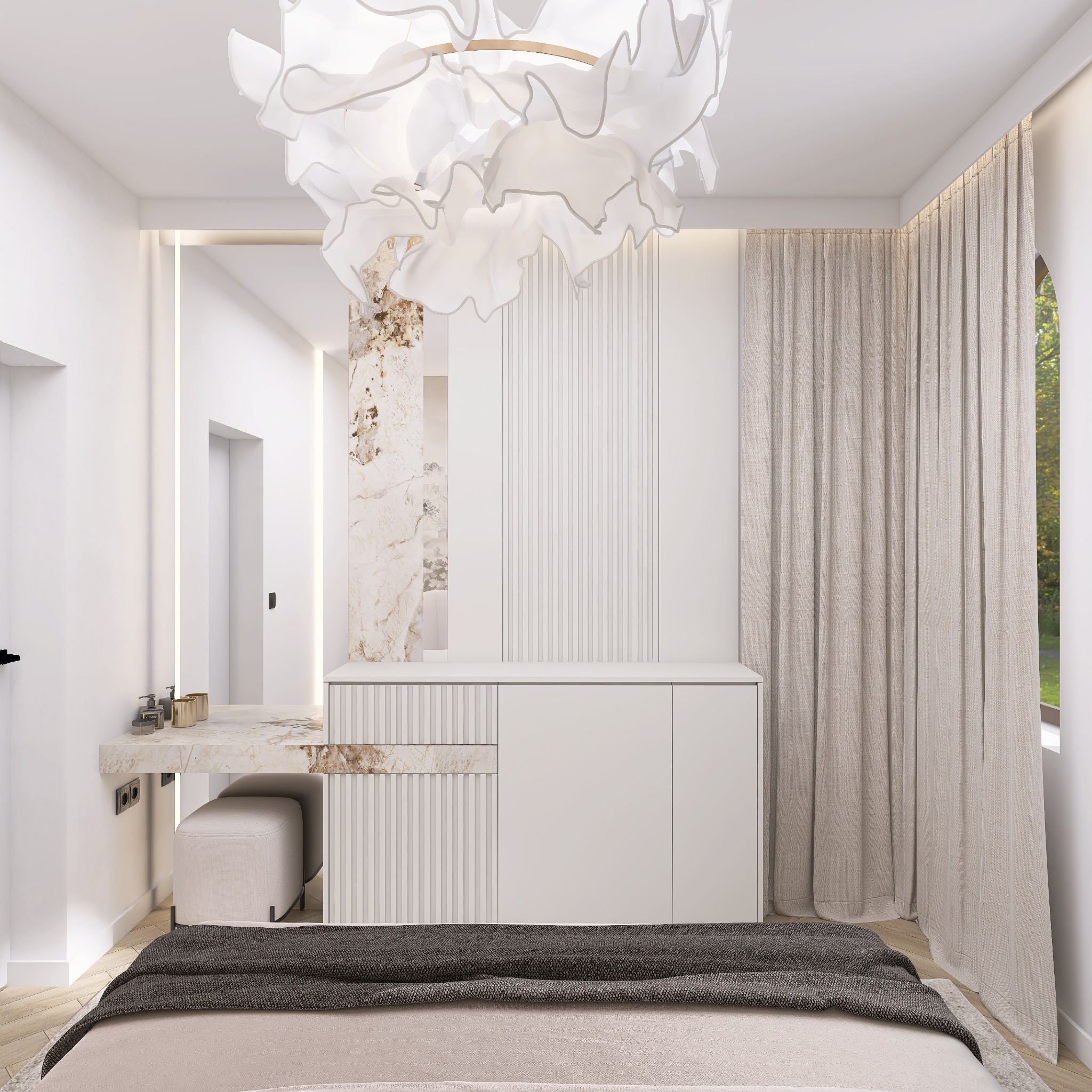 Jasna sypialnia z toaletką z marmurowym blatem, pufą i dekoracyjną lampą. Minimalistyczny design z akcentami marmuru i lamelami na ścianie.