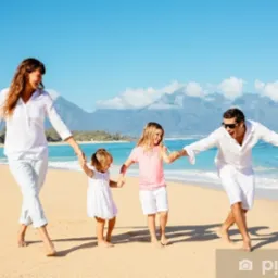 Uśmiechnięta rodzina, mama, tata i dwie córki, trzymają się za ręce i spacerują po piaszczystej plaży w Kłodzko, z widokiem na błękitne morze i góry w oddali, słoneczny dzień.