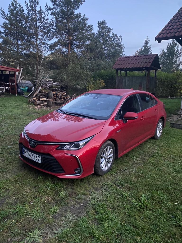 Czerwona Toyota Corolla zaparkowana na trawie przed domem z drewnianym zadaszeniem i stosem drewna w tle.
