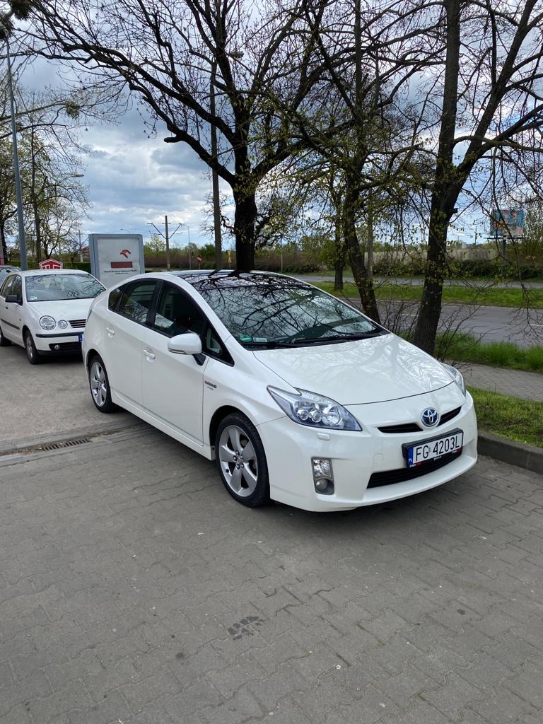 Biały samochód typu hatchback z czarnym dachem panoramicznym zaparkowany na chodniku z widoczną tablicą rejestracyjną FG 4203L.