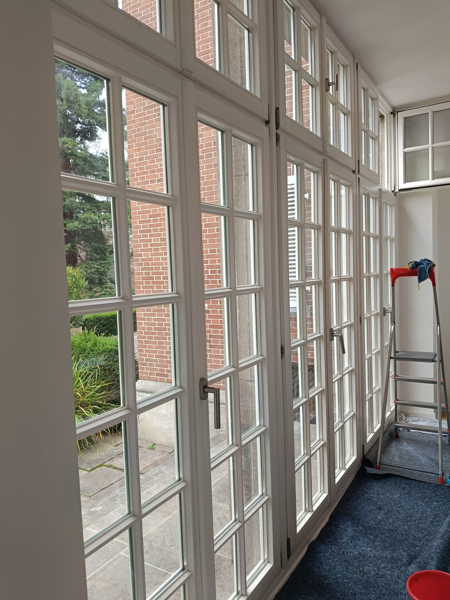 Rząd wysokich, białych okien szprosowych z widokiem na ceglany budynek i zielony ogród; drabina z czerwoną platformą i niebieską ściereczką stoi obok okien na zabezpieczonej podłodze.
