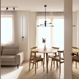 Jasne wnętrze salonu z okrągłym drewnianym stołem, czterema krzesłami, beżową sofą, minimalistycznym oświetleniem i dekoracyjnym wazonem z suszem na tle okna z białymi zasłonami. Widoczne odbicie...