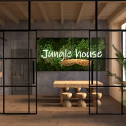 Wnętrze biura z drewnianym stołem i krzesłami w kształcie klepsydry, zieloną ścianą z napisem 'Jungle house', przeszkleniami w czarnych ramach i rośliną doniczkową przy oknie.