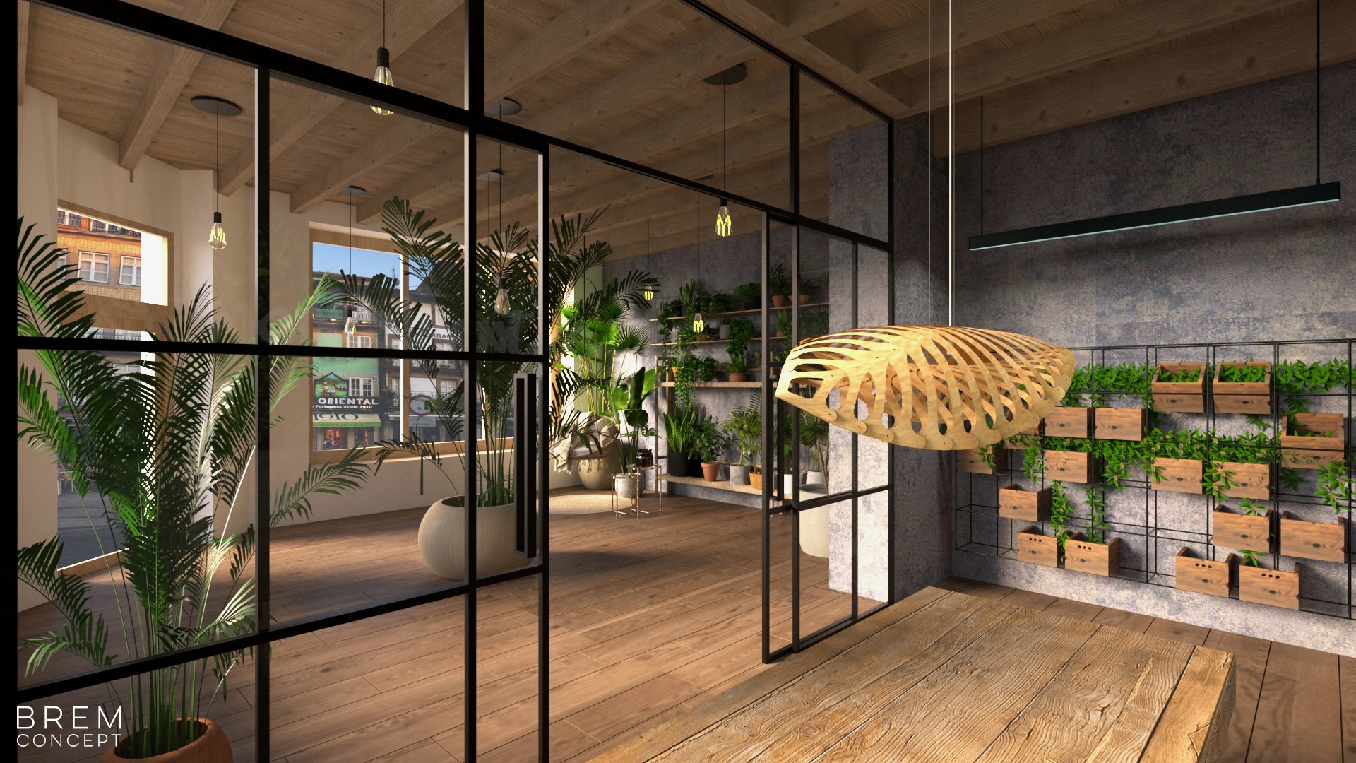 Nowoczesne biuro z przeszklonymi ścianami, drewnianą podłogą i sufitem, liczne rośliny doniczkowe oraz dekoracyjna lampa wisząca w kształcie liścia