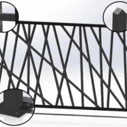 Wizualizacja 3D czarnej metalowej balustrady z geometrycznym wzorem wypełnienia, widoczne detale mocowania słupków i zakończenia, na białym tle.