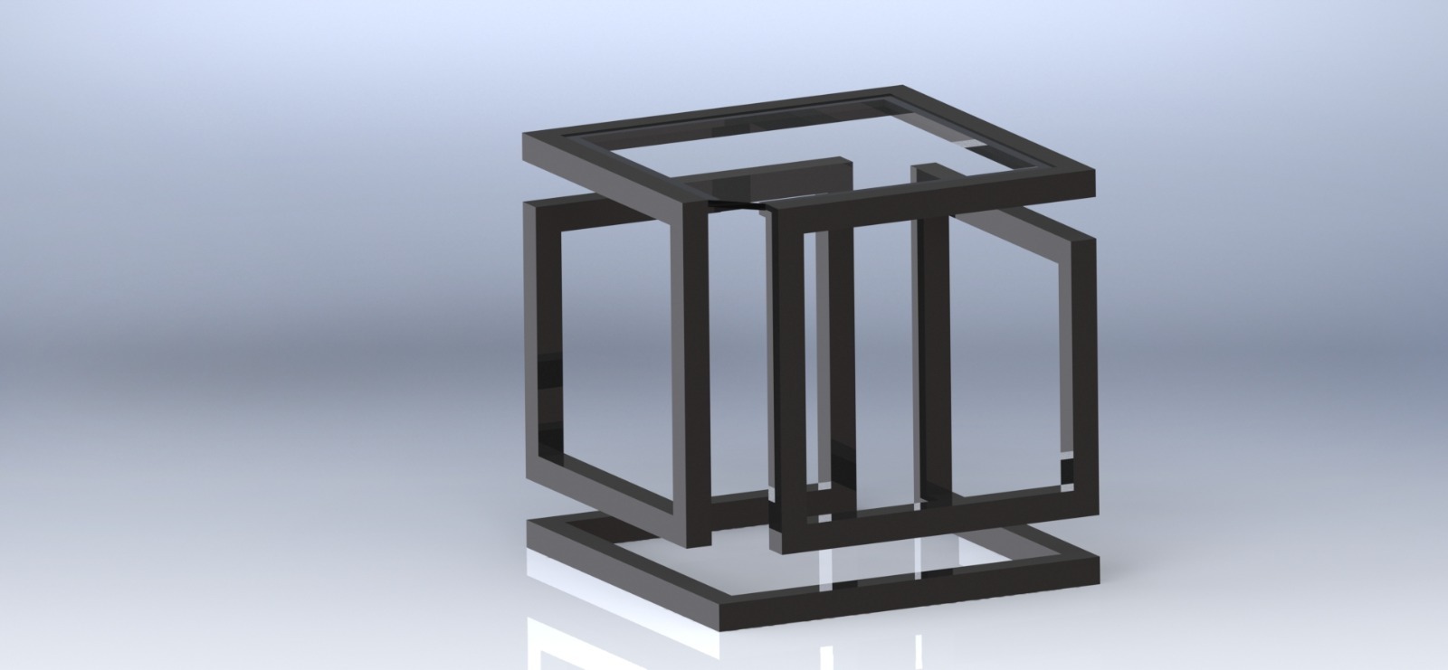 Model 3D metalowej konstrukcji w kształcie sześcianu z elementami przesuniętymi względem siebie, prezentowany na jasnym tle.
