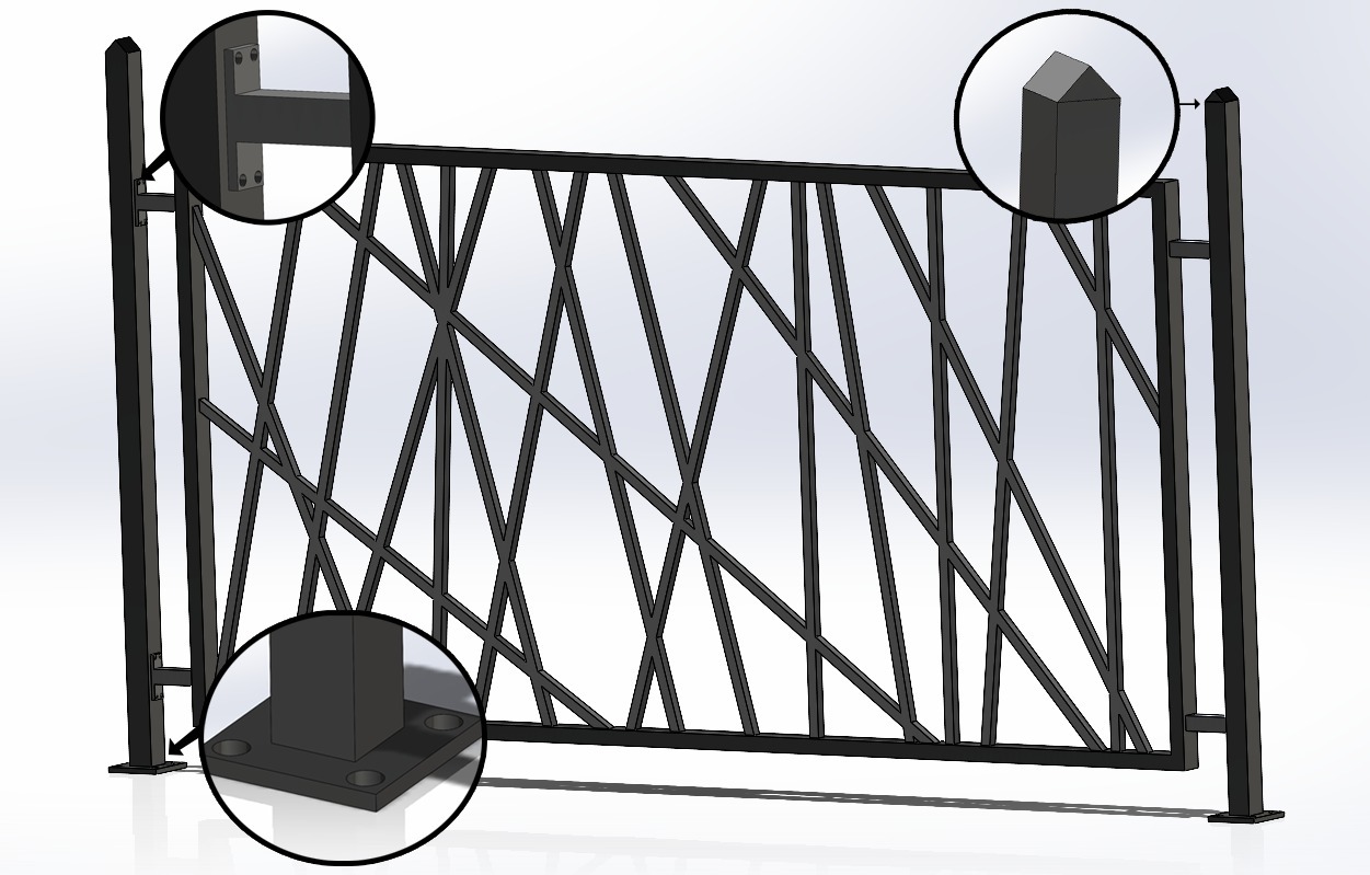 Wizualizacja 3D czarnej metalowej balustrady z geometrycznym wzorem wypełnienia, widoczne detale mocowania słupków i zakończenia, na białym tle.