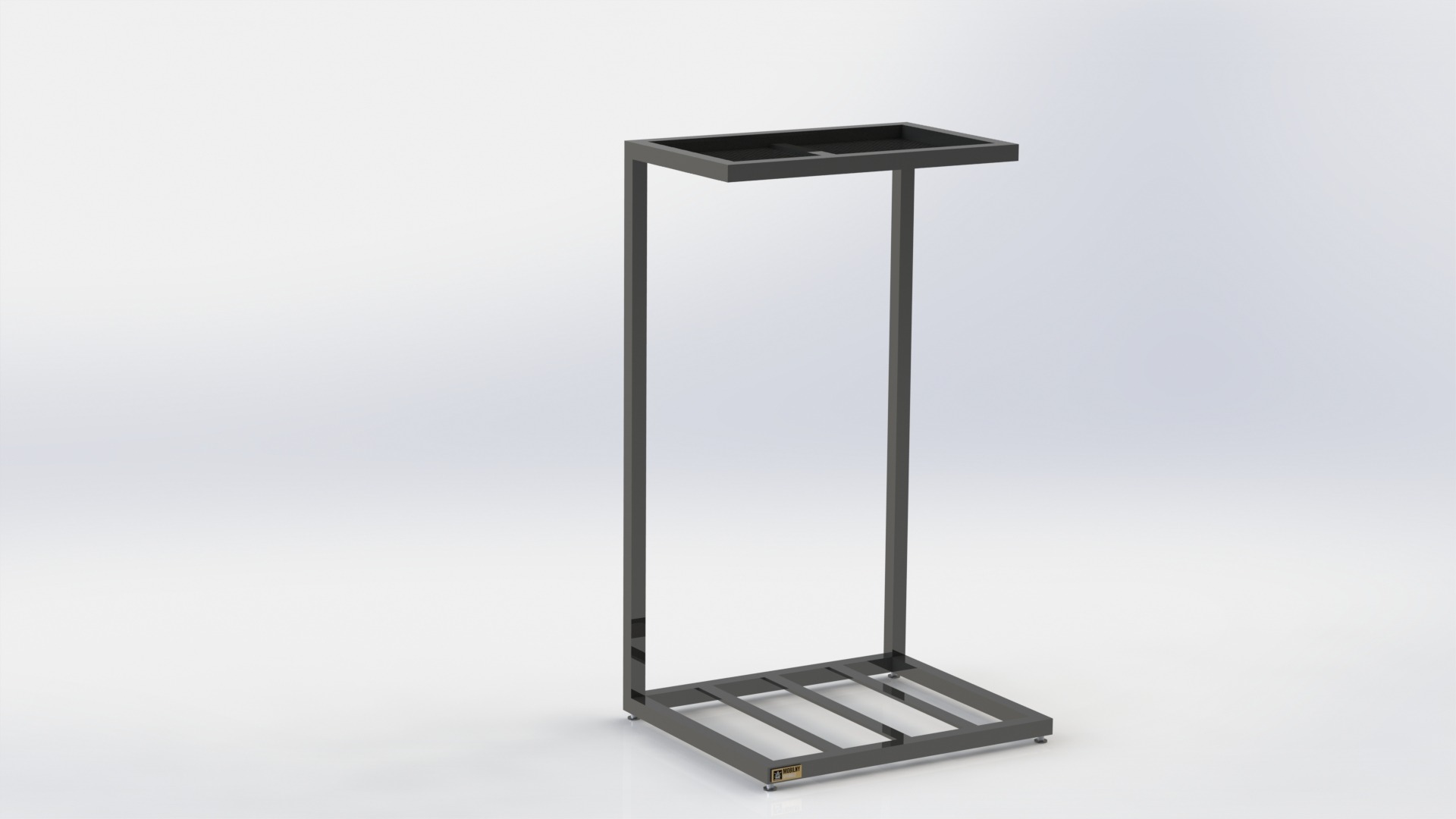 Czarna, metalowa konstrukcja z prostokątną ramą u góry i podstawą z trzema poprzeczkami, prezentowana na białym tle.