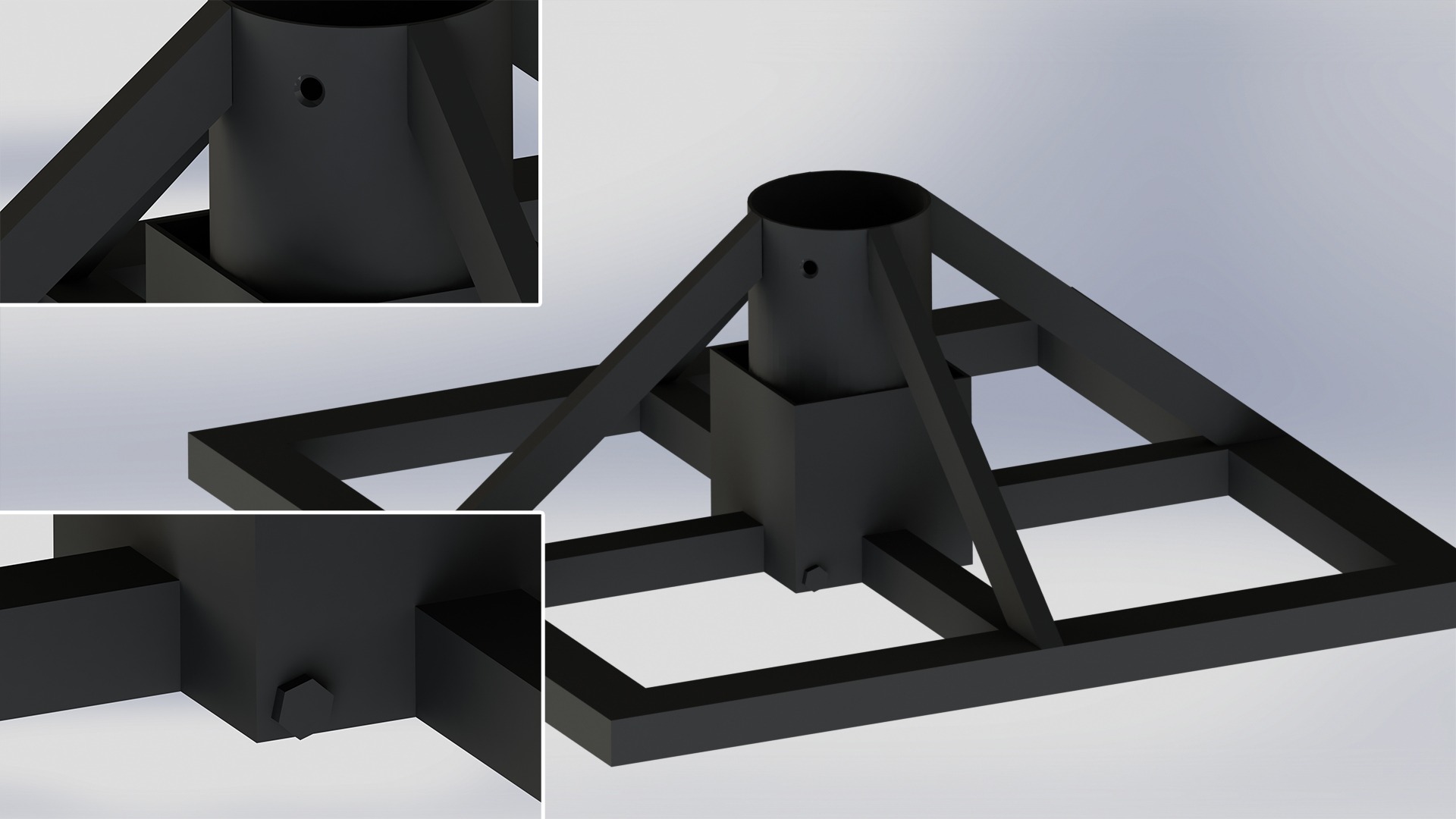 Czarna, metalowa konstrukcja wsporcza z rurą na górze, połączona śrubami, widok z bliska, z dodatkowymi zbliżeniami w rogu.