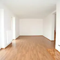 Puste, jasne pomieszczenie z panelami podłogowymi w odcieniach brązu, białymi ścianami, grzejnikiem pod oknem i kominkiem z czarnym wkładem po prawej stronie.