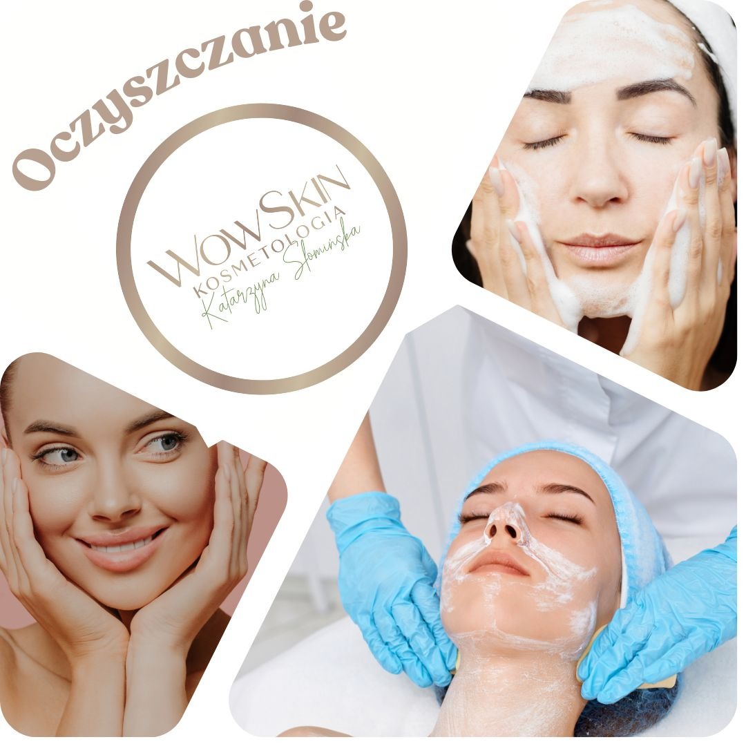 Kompozycja zdjęć: logo kosmetyczne WOW Skin, kobieta z pianką na twarzy, uśmiechnięta kobieta z dłońmi przy twarzy oraz zabieg oczyszczania twarzy wykonywany przez osobę w niebieskich rękawiczkach.