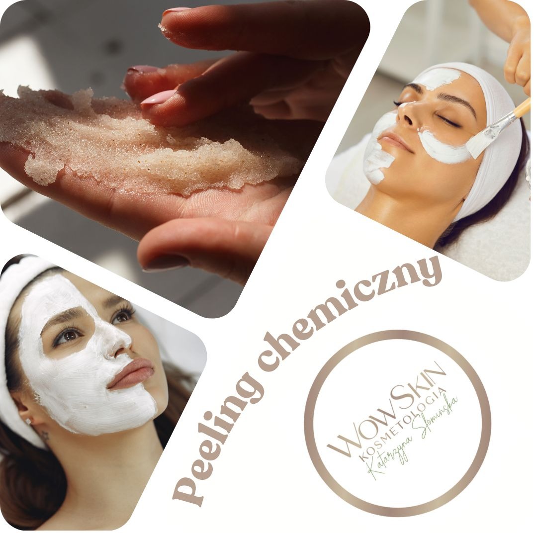 Kompozycja zdjęć przedstawiająca peeling cukrowy w dłoni, aplikację białej maski na twarz pędzlem oraz twarz z nałożoną maską, uzupełniona o logo salonu kosmetycznego Wow Skin.