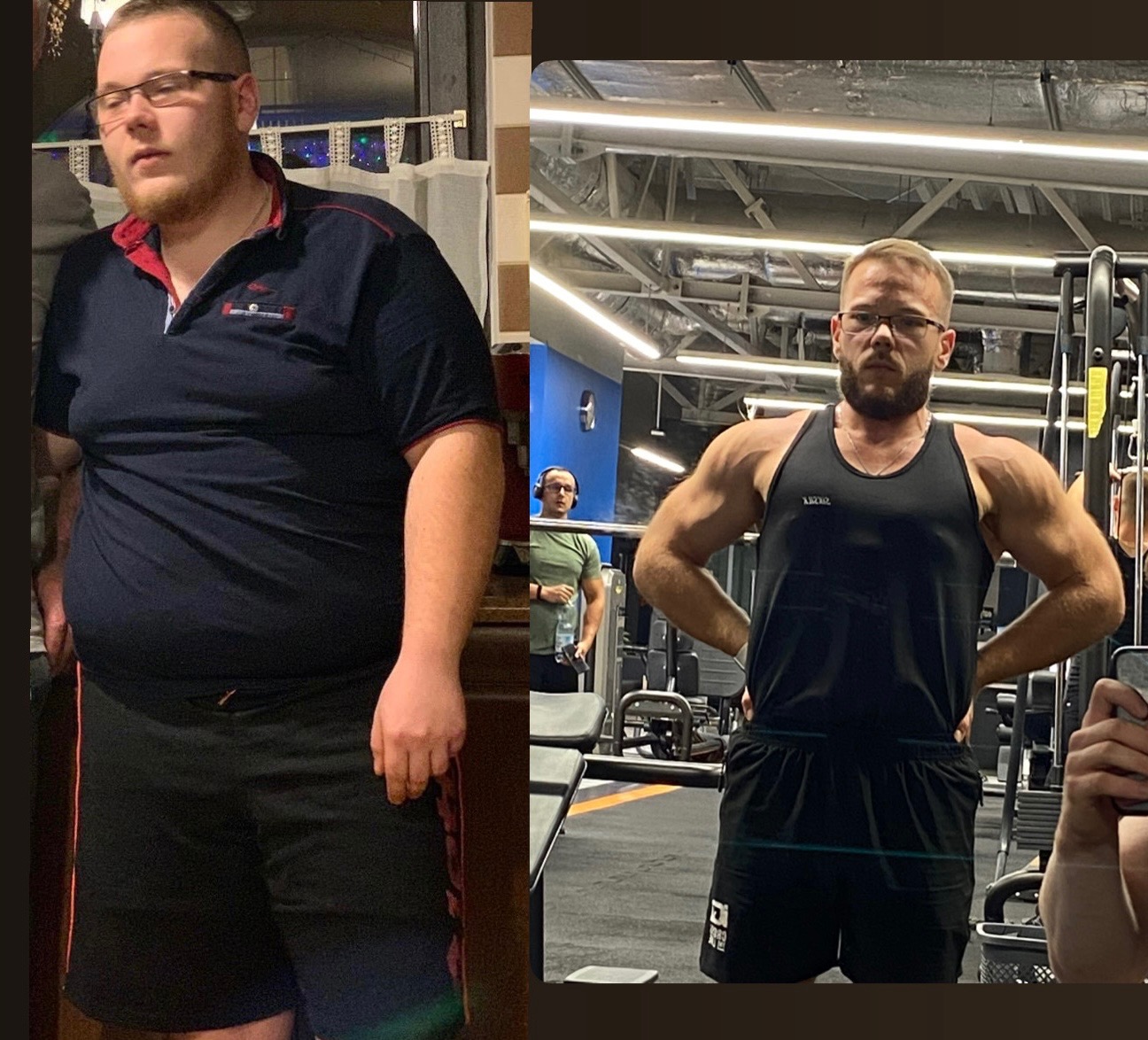 Mężczyzna przed i po treningu: po lewej większa sylwetka, po prawej wyrzeźbione ciało w siłowni. Widoczna różnica w muskulaturze ramion i klatki piersiowej.