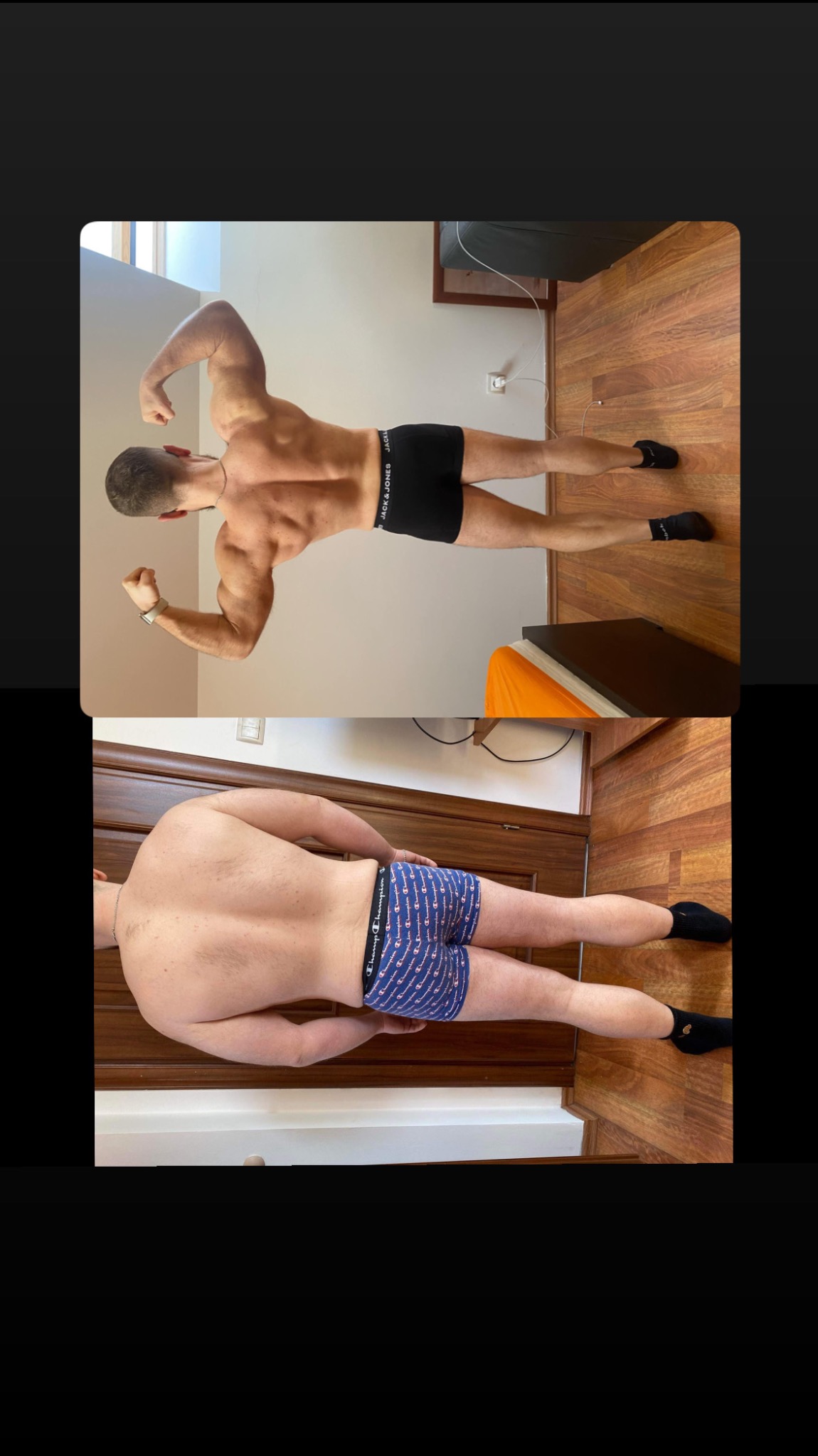 Porównanie sylwetki mężczyzny przed i po treningu, widok z tyłu, ukazujący różnicę w muskulaturze pleców i ramion. Zdjęcie w domowych warunkach.