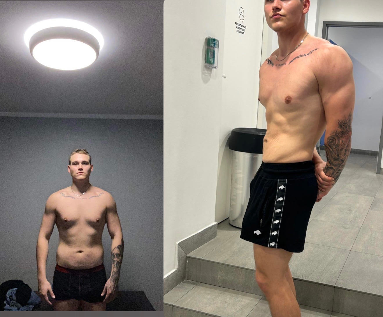 Mężczyzna prezentuje sylwetkę przed i po treningu. Po lewej sylwetka przed, po prawej po treningu. Widoczne tatuaże na klatce piersiowej i ramieniu.