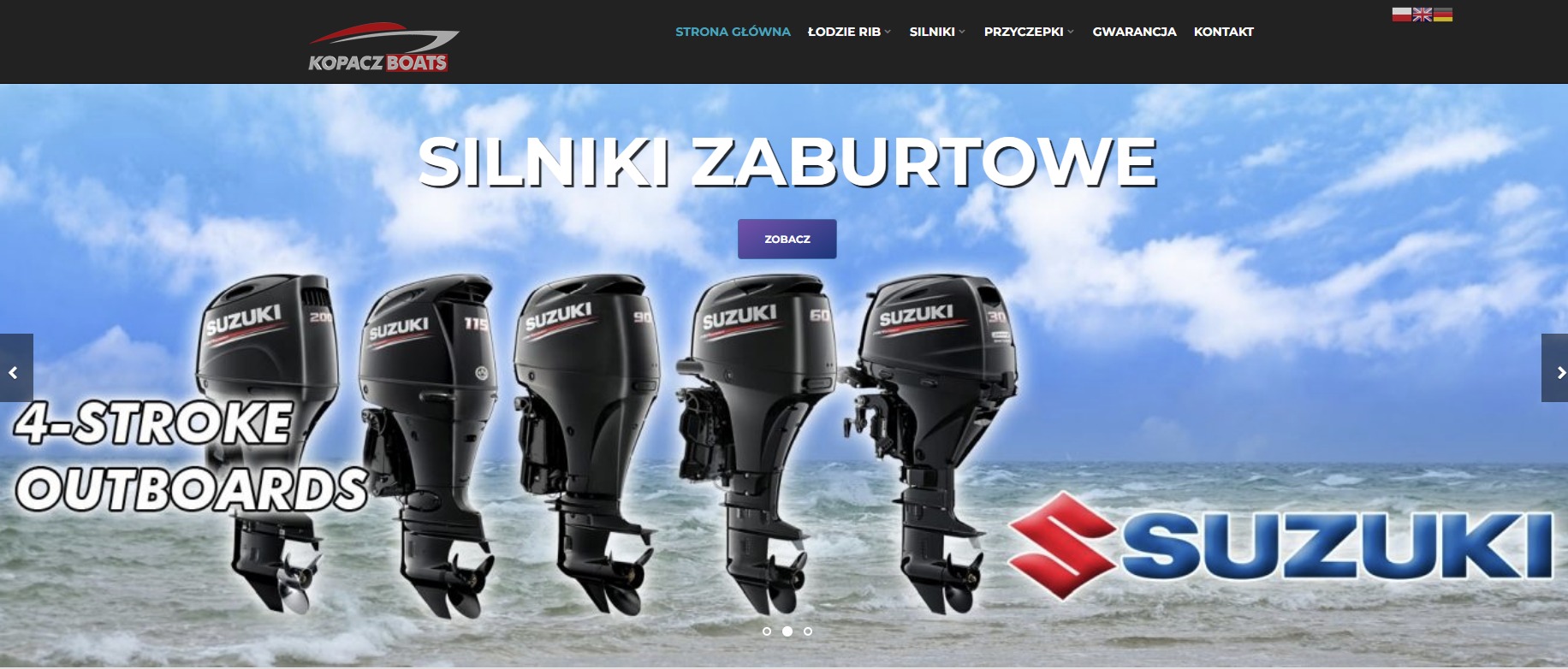 Strona internetowa z ofertą silników zaburtowych Suzuki o różnej mocy (200, 115, 90, 60, 30 KM) na tle morza i nieba.