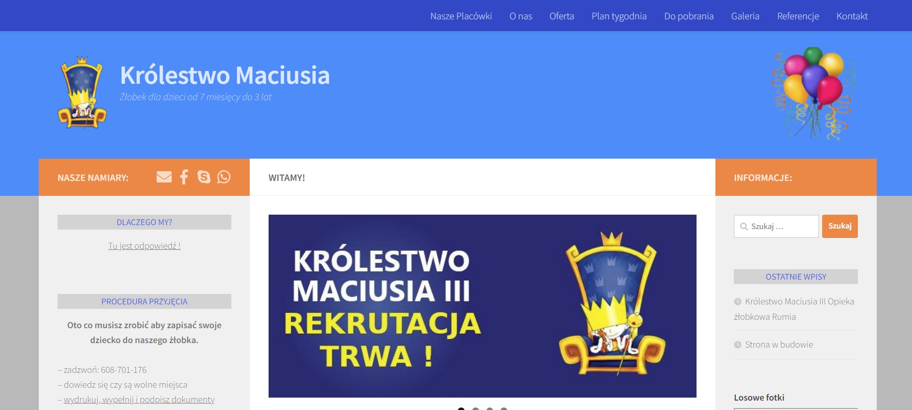 Strona internetowa żłobka Królestwo Maciusia III z informacją o trwającej rekrutacji, logo z koroną i postacią w fotelu oraz kolorowe balony w prawym górnym rogu.