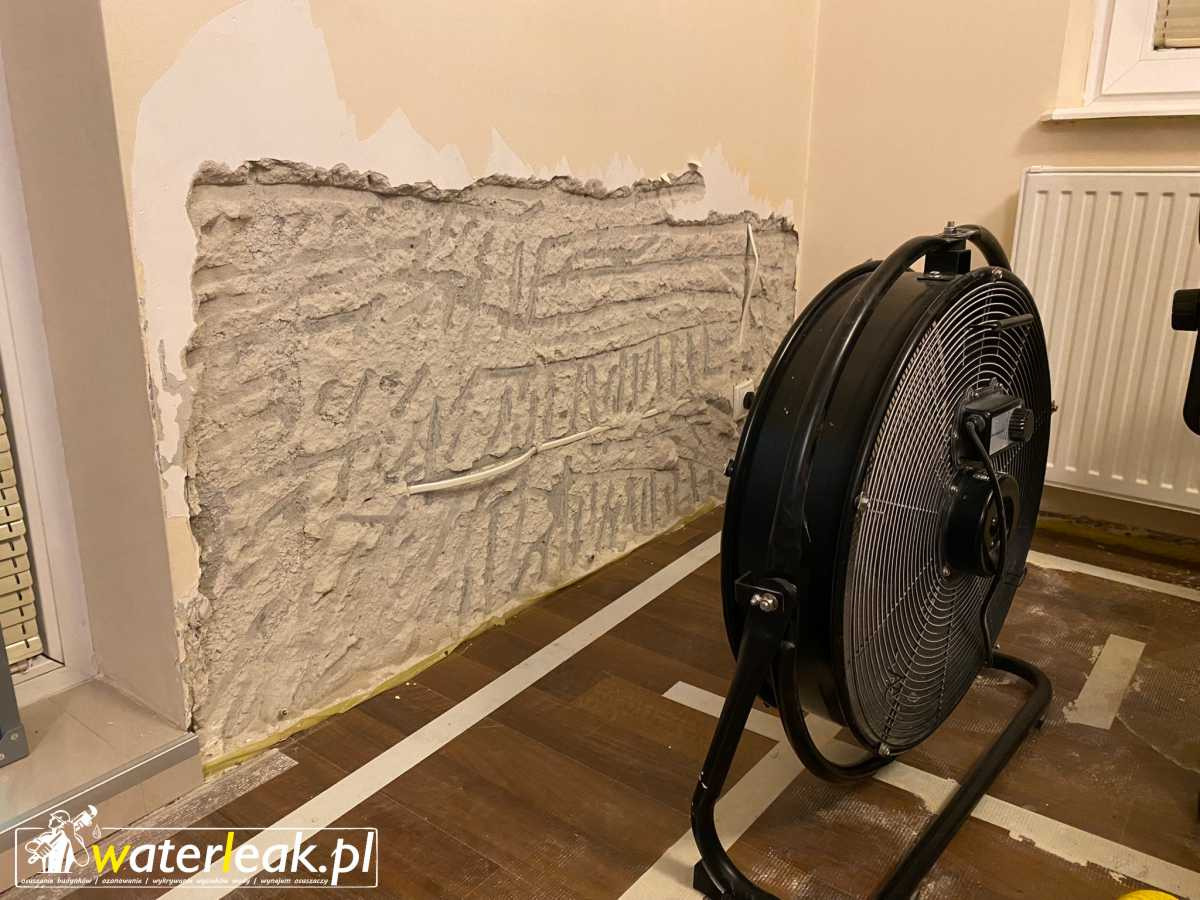 Odsłonięta, wilgotna ściana po usunięciu fragmentu tynku, osuszana dużym wentylatorem przemysłowym na podłodze z paneli. Widoczne przewody elektryczne w ścianie.