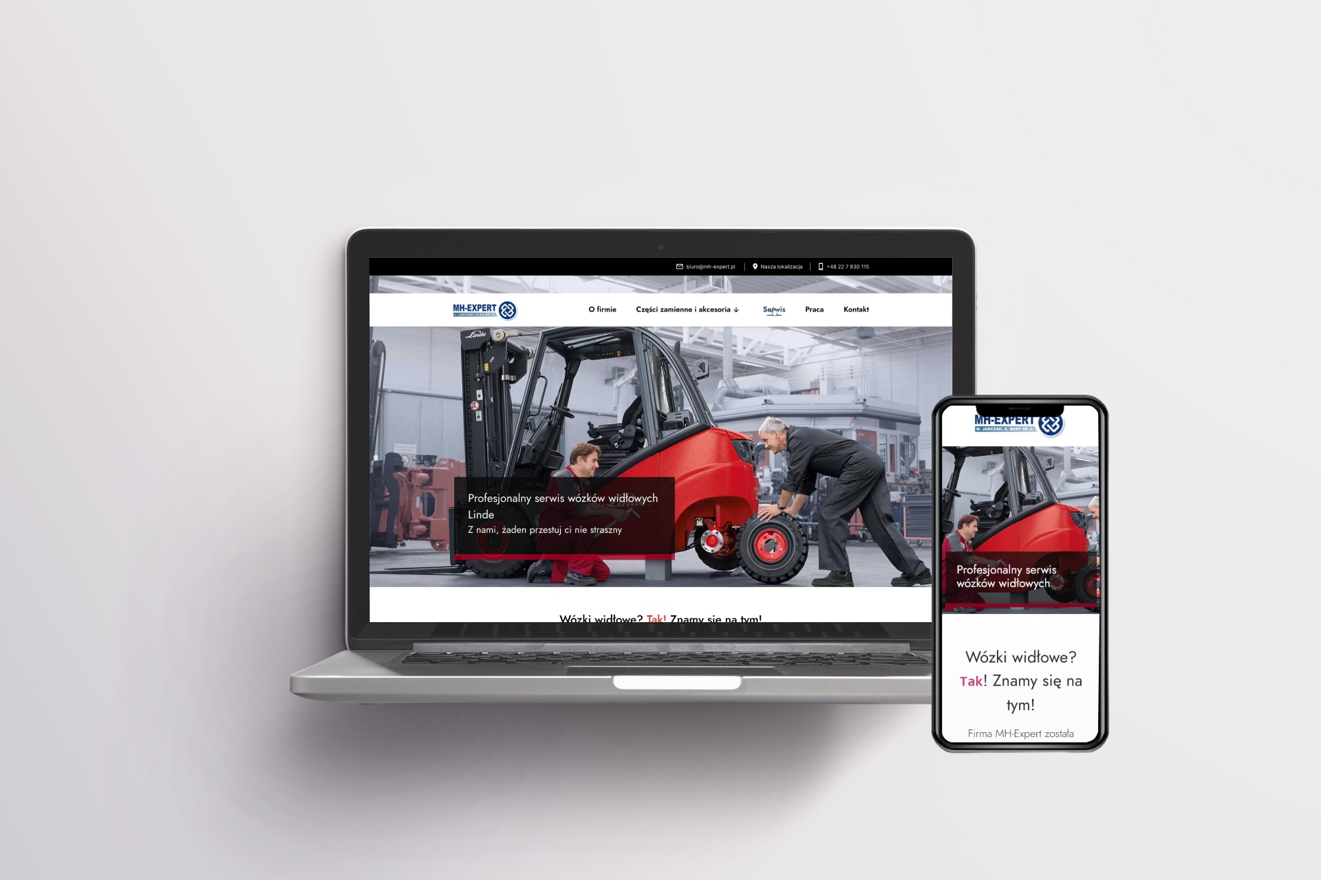 Prezentacja responsywnej strony internetowej na laptopie i smartfonie, przedstawiająca serwis wózków widłowych Linde z dwoma mechanikami przy czerwonym wózku.