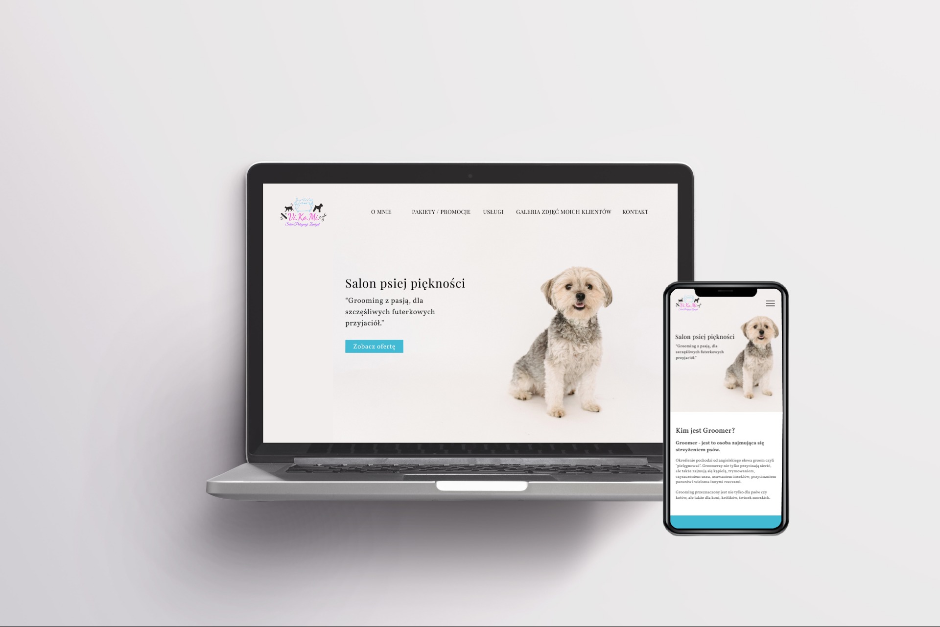 Responsywna strona internetowa salonu groomerskiego wyświetlana na laptopie i smartfonie, prezentująca hasło 'Salon psiej piękności' i zdjęcie zadbanego psa.