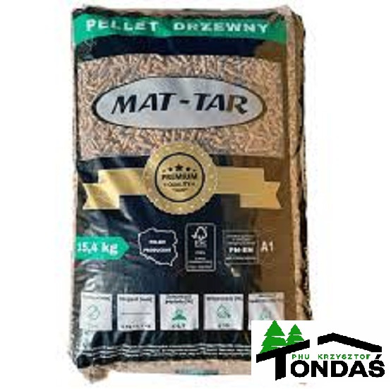 Worek pelletu drzewnego MAT-TAR 15,4 kg z oznaczeniami jakości A1 i certyfikatem FSC, widoczne logo producenta w prawym dolnym rogu.