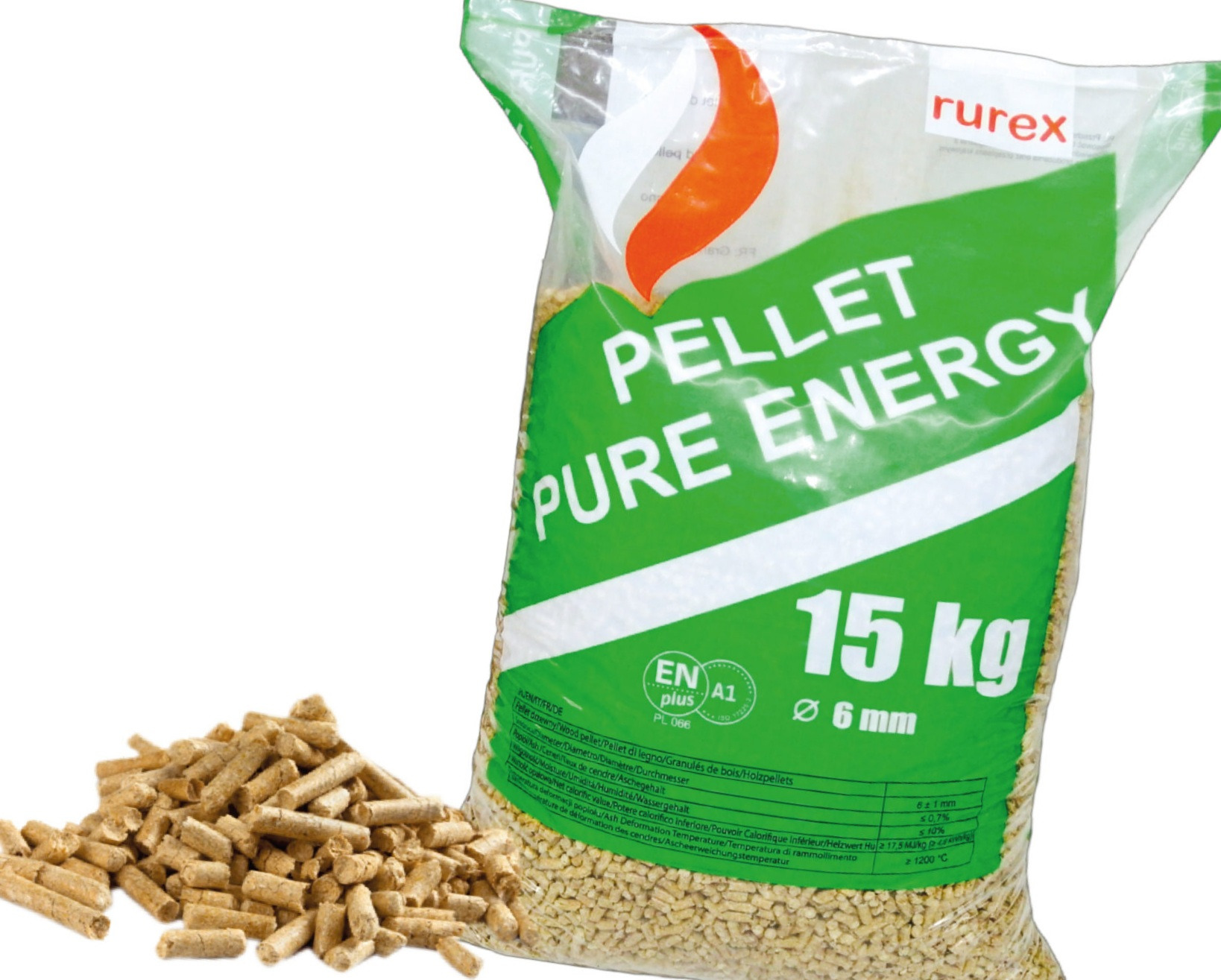 Worek pelletu drzewnego 15 kg marki Rurex, z widocznym certyfikatem ENplus A1 i wysypanym obok pelletem. Jasne tło, ostre światło.