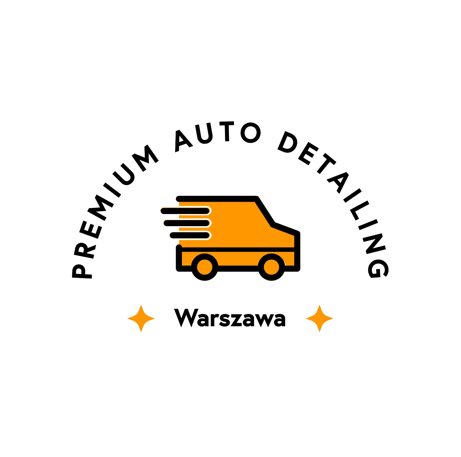 Logo firmy Premium Auto Detailing z Warszawy, przedstawiające pomarańczowy samochód z czarnymi obrysami i trzema poziomymi liniami symbolizującymi ruch, otoczone napisem 'PREMIUM AUTO DETAILING'...