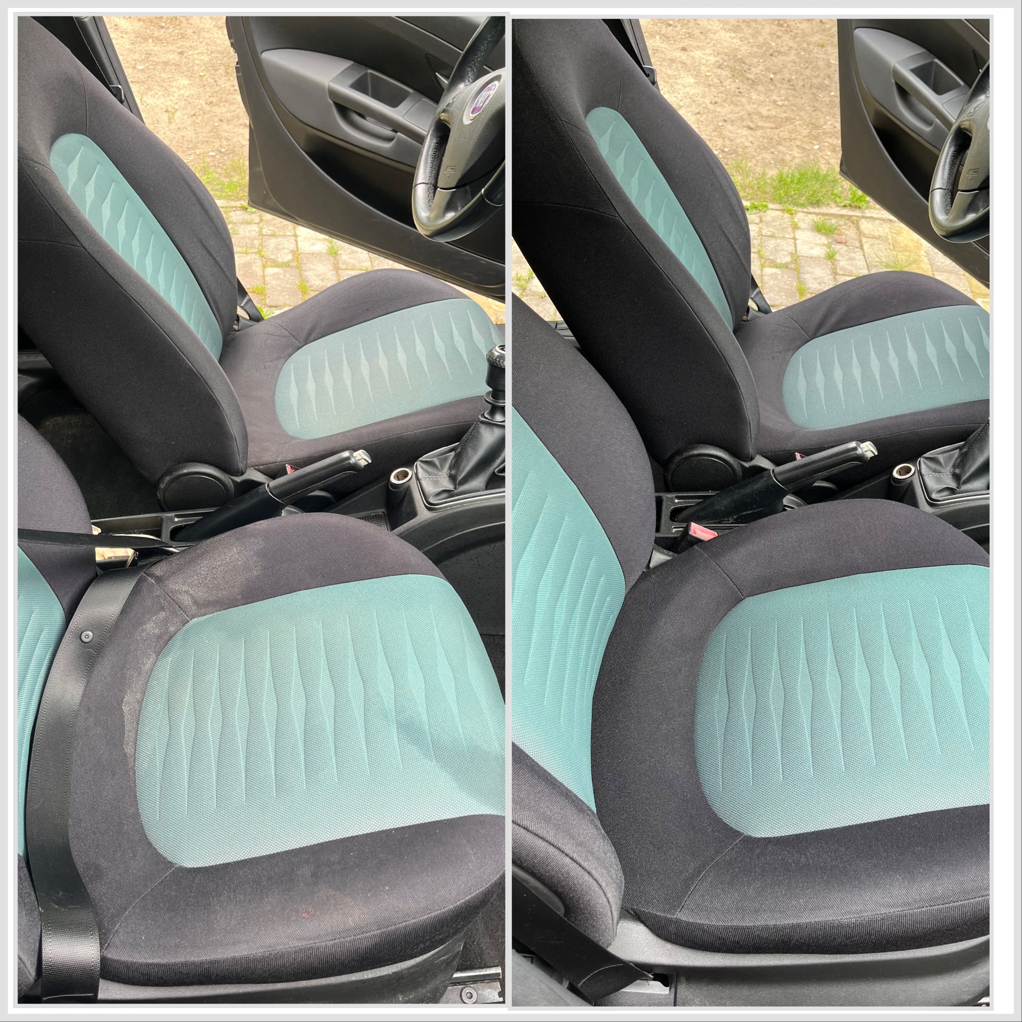 Porównanie fotela samochodowego przed i po praniu tapicerki: widoczne różnice w czystości tkaniny i intensywności koloru.