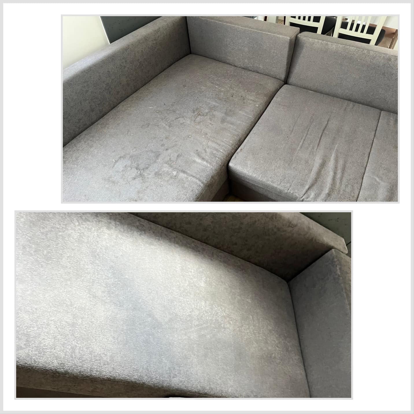 Dwuetapowe ujęcie szarej, narożnej kanapy: widoczne plamy przed czyszczeniem i odświeżony wygląd po zabiegu, jasne krzesła w tle.