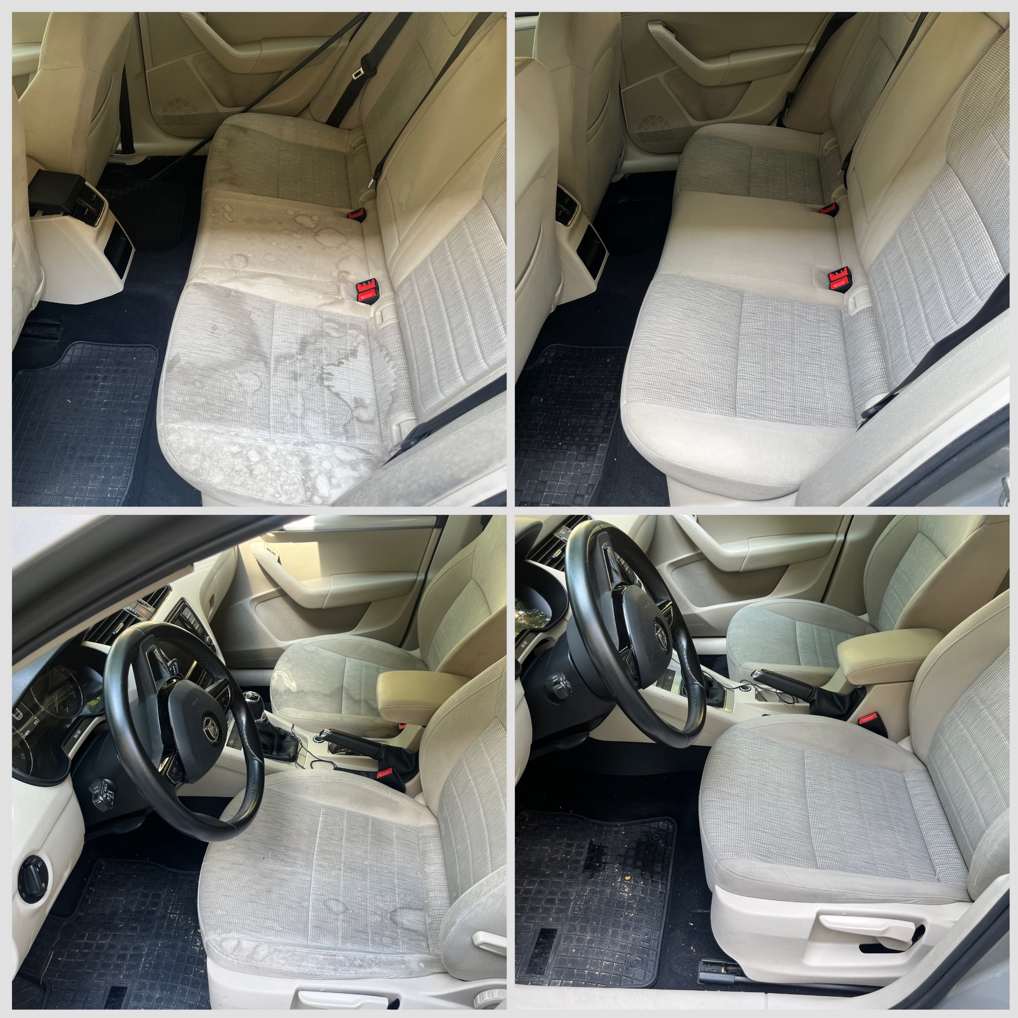 Kolaż przedstawiający wnętrze samochodu przed i po czyszczeniu tapicerki, z widoczną różnicą w czystości siedzeń i dywaników.