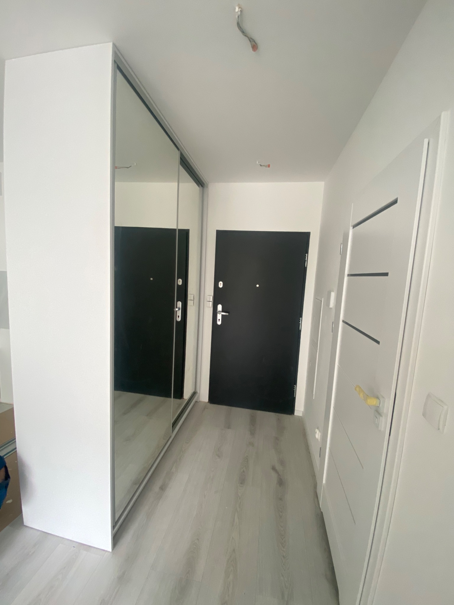 Biała szafa z lustrzanymi drzwiami przesuwnymi w przedpokoju, widoczne drzwi wejściowe i drzwi wewnętrzne z poziomymi zdobieniami, szare panele na podłodze.