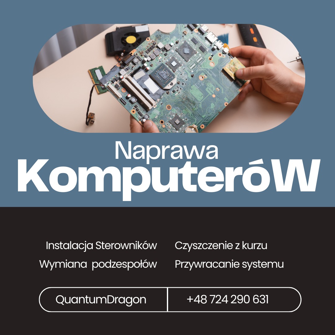 Płyta główna laptopa w rękach serwisanta podczas naprawy, obok leżą narzędzia i wentylator