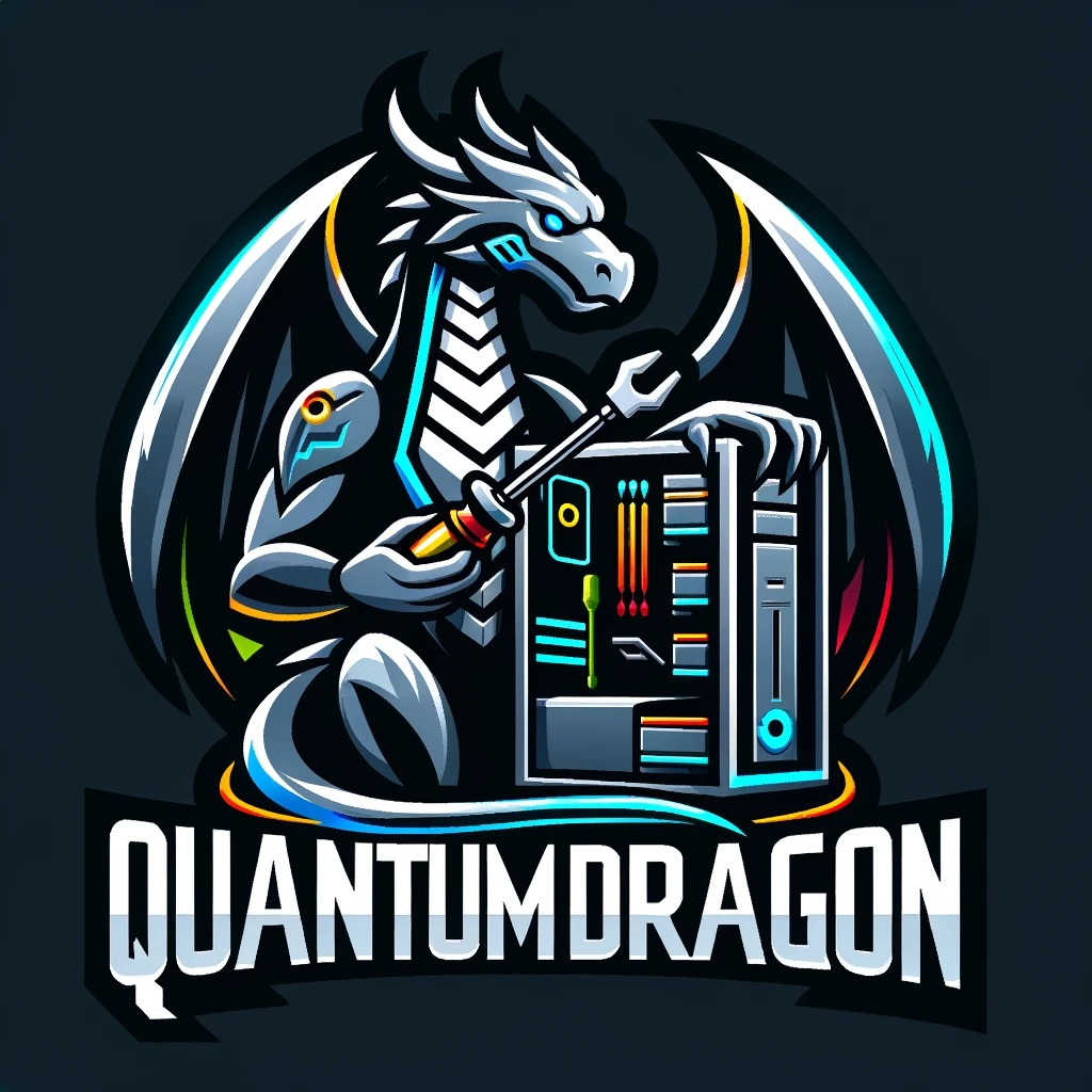 Kreskówkowy srebrny smok z cybernetycznymi elementami trzyma klucz do naprawy komputera stacjonarnego. Logo firmy 'QuantumDragon' u dołu.