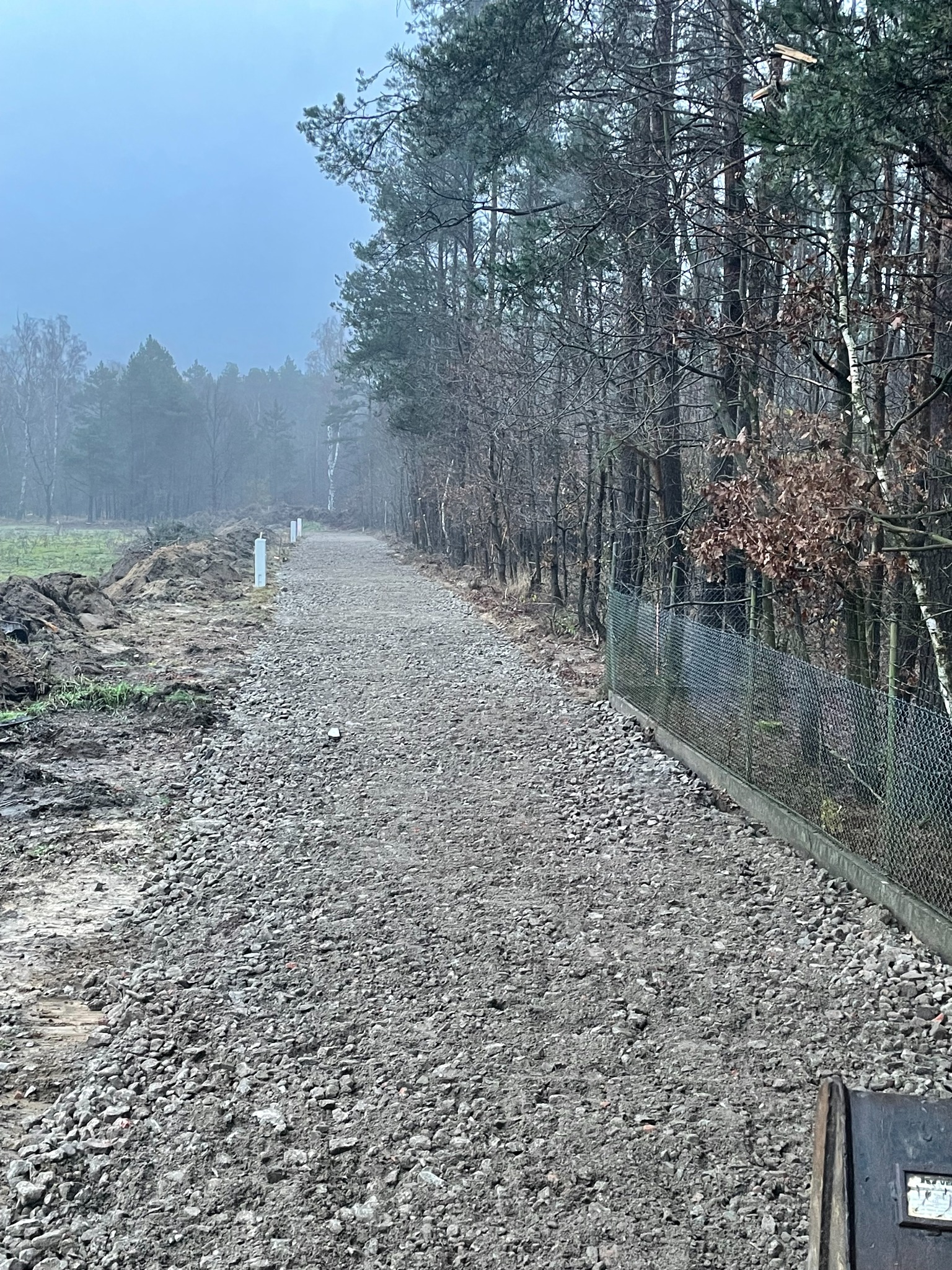 Utwardzona droga szutrowa biegnąca przez las w pochmurny dzień, widoczne białe słupki wyznaczające trasę i ogrodzenie z siatki.