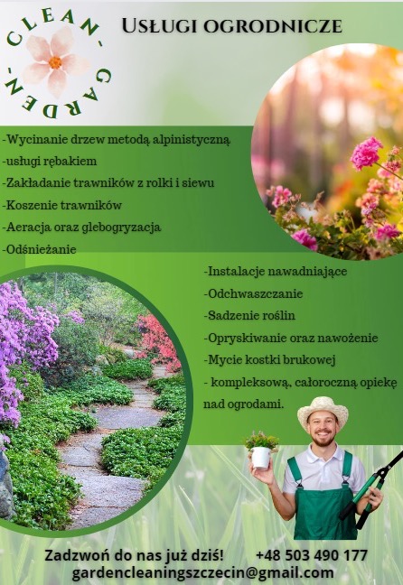Grafika reklamowa usług ogrodniczych: ścieżka w ogrodzie, kwitnące azalie, uśmiechnięty ogrodnik z sekatorem i doniczką, lista oferowanych usług.