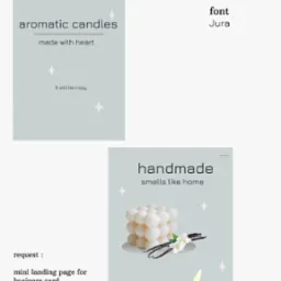 Projekt strony internetowej prezentujący świece zapachowe z motywem 'aromatic candles' i 'handmade', z użyciem fontu Jura, stylizowany na mini landing page dla wizytówki biznesowej.