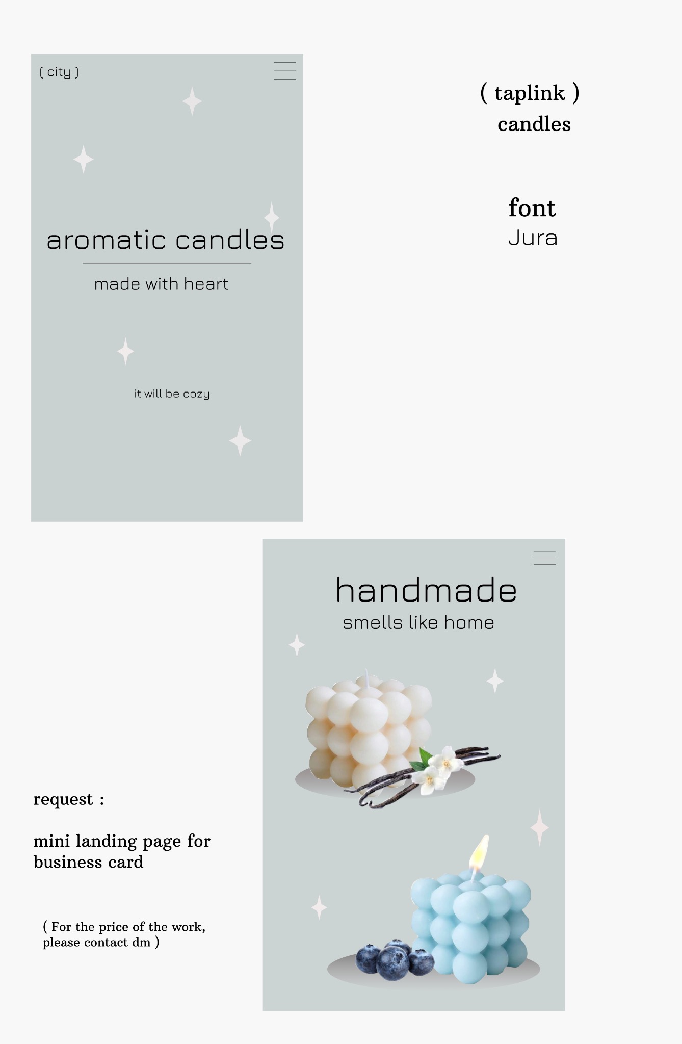 Projekt strony internetowej prezentujący świece zapachowe z motywem 'aromatic candles' i 'handmade', z użyciem fontu Jura, stylizowany na mini landing page dla wizytówki biznesowej.