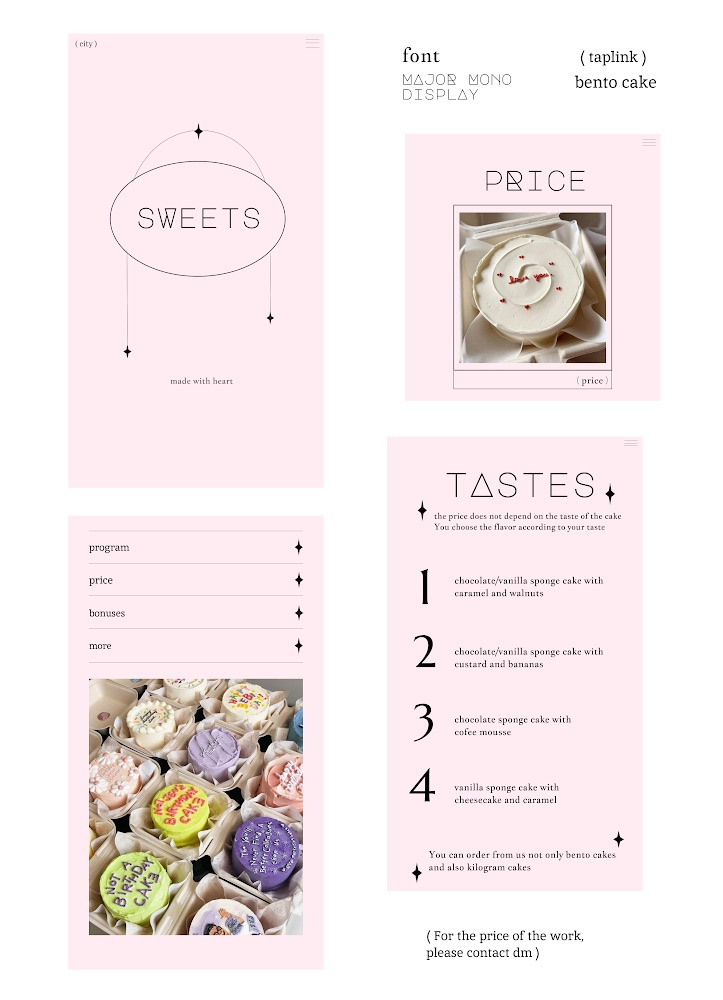 Mockup strony internetowej cukierni z minimalistycznym designem, prezentującej ofertę słodkich wypieków, ceny i smaki tortów bento i kilogramowych.