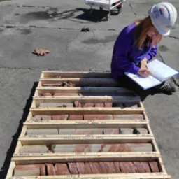 Kobieta w kasku, siedząca na chodniku, notuje dane z próbek gruntu umieszczonych w drewnianych skrzynkach z oznaczeniami głębokości wiercenia, widoczne rękawice robocze i wózek z wyposażeniem.