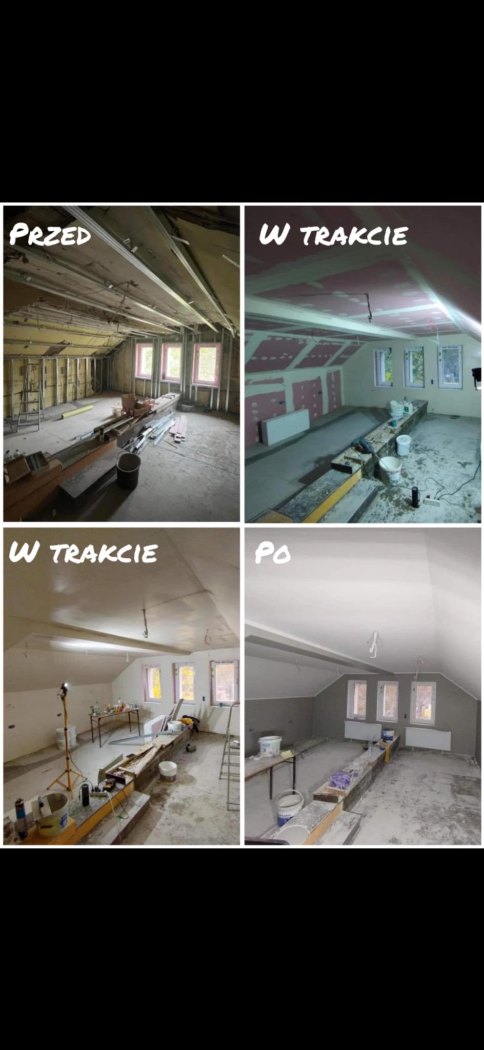 Cztery etapy metamorfozy poddasza: stan surowy, ocieplenie wełną i płytami gipsowymi, szpachlowanie i malowanie na szaro, widoczne okna dachowe i grzejnik.