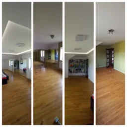 Pomieszczenie po remoncie: obniżony sufit z oświetleniem LED, gładkie ściany, fototapeta z graffiti, parkiet, widoczne przeróbki elektryczne i montaż oświetlenia.