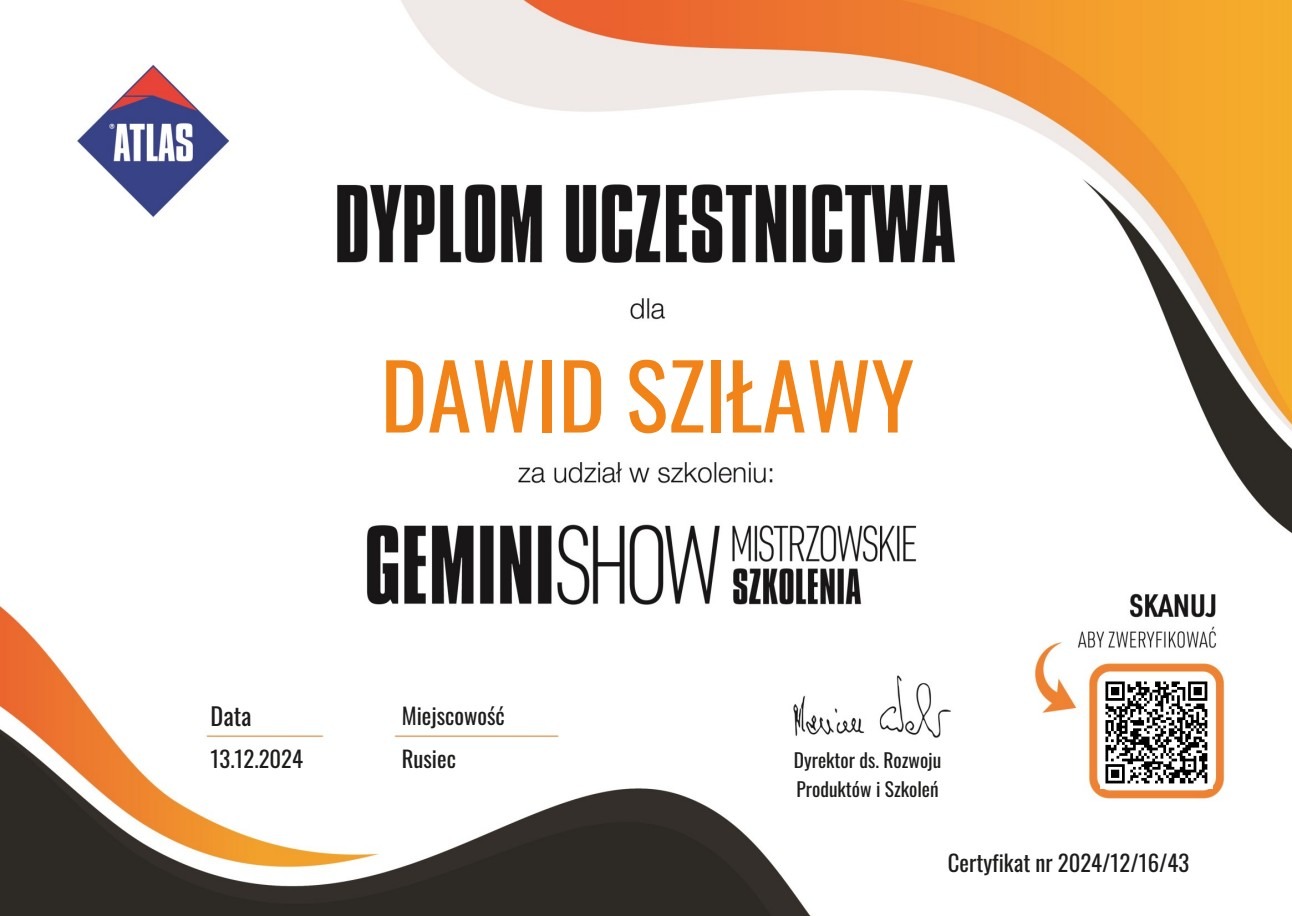 Dyplom uczestnictwa dla Dawida Sziławy za udział w szkoleniu GeminiShow Mistrzowskie Szkolenia, z datą 13.12.2024, miejscowość Rusiec, podpisany przez Dyrektora ds. Rozwoju Produktów i Szkoleń,...
