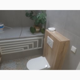 Ekodom - Nowoczesna łazienka z podtynkową toaletą, grzejnikiem drabinkowym i rośliną Monstera w doniczce.